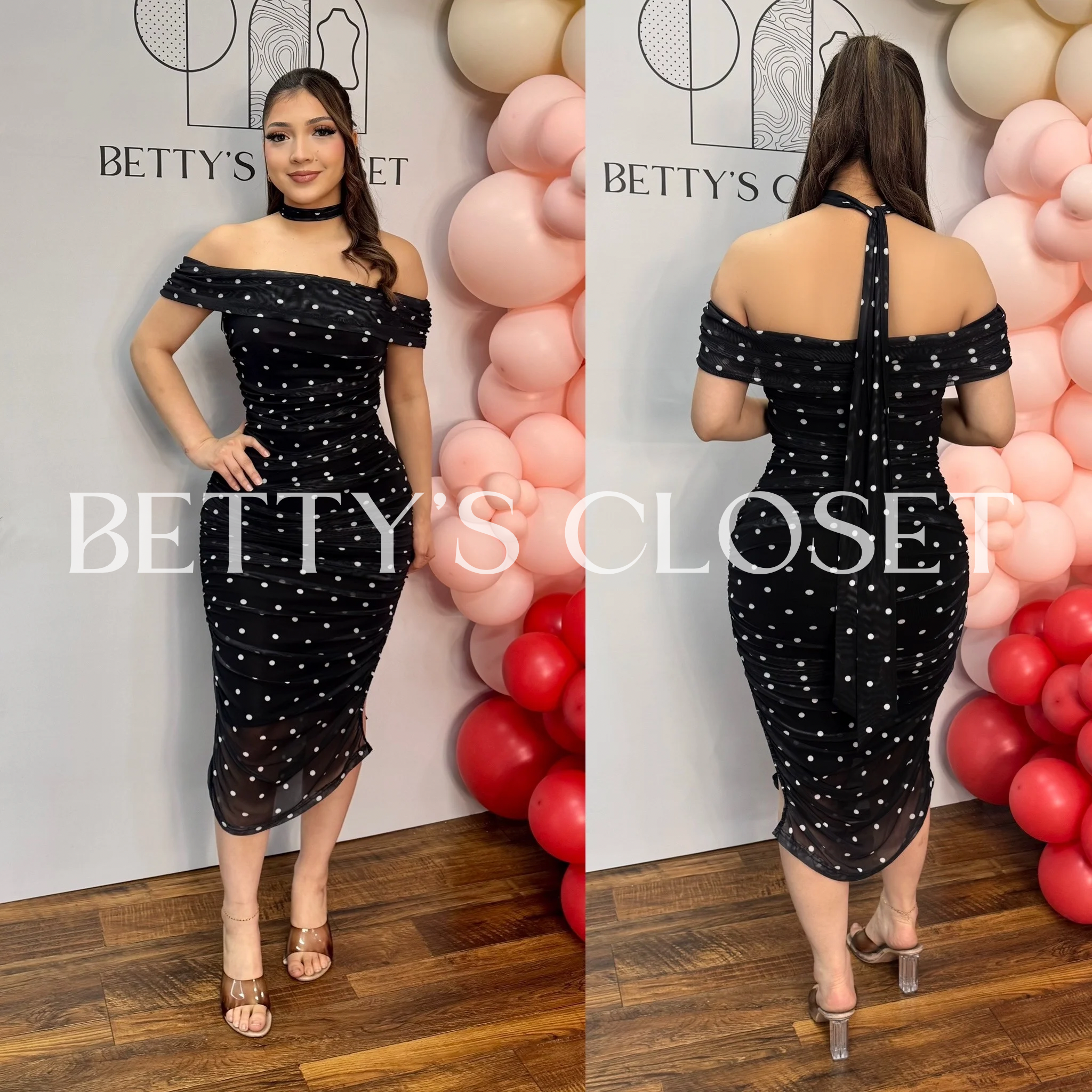 Polka Dot off Shoulder Midi Dress with Scarf