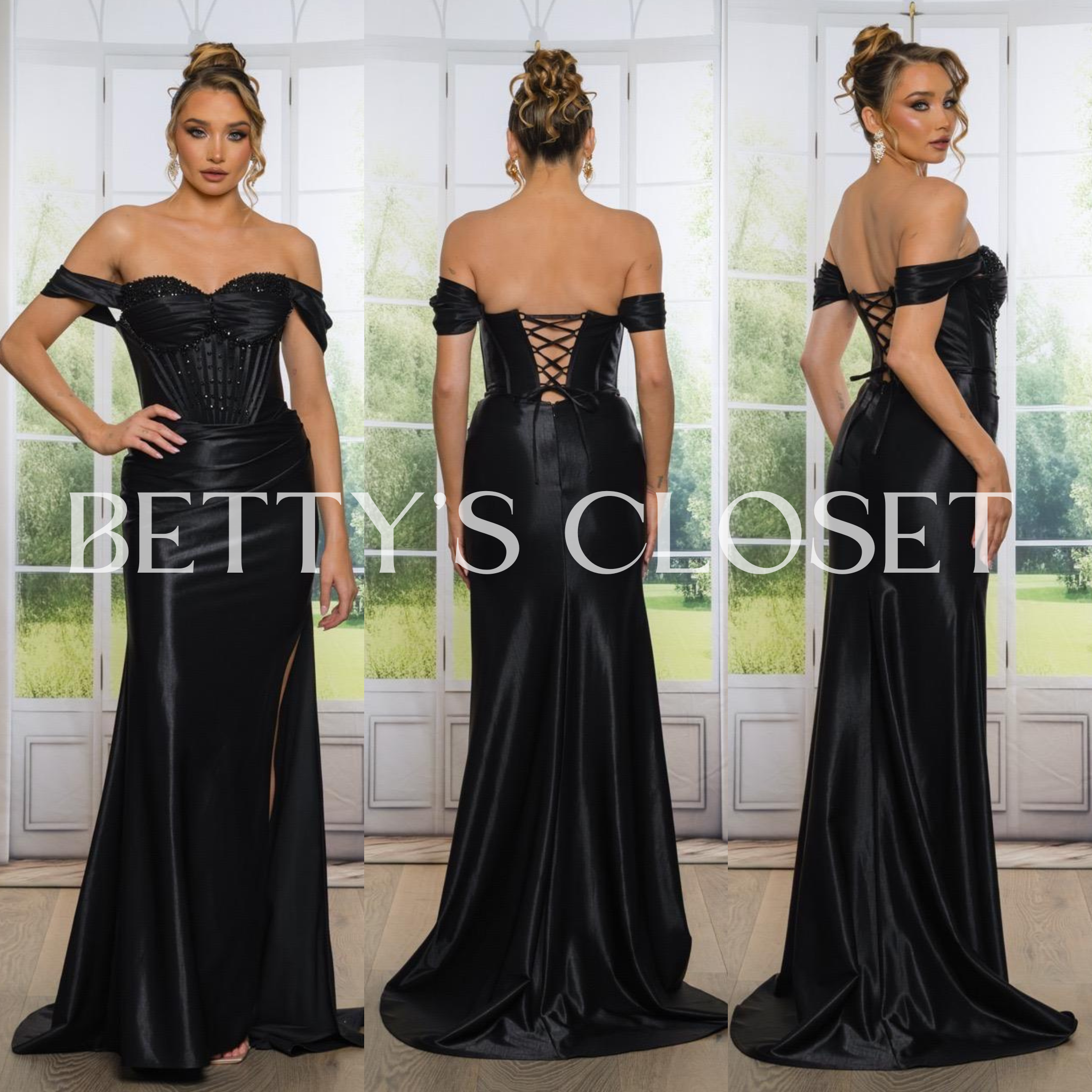 Aurora Flower Embellished Corset Satin Off Shoulder Gown