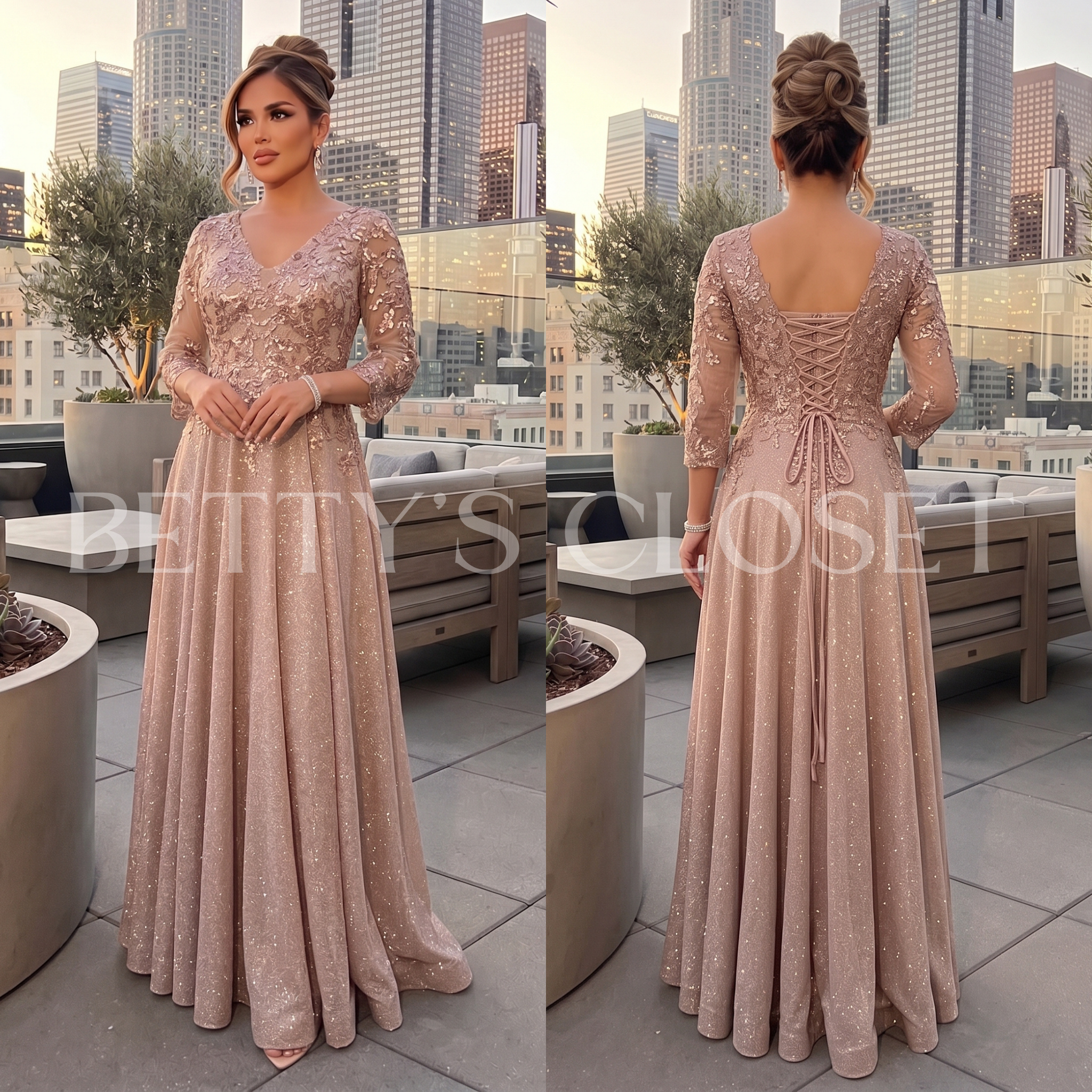 Yessenia Long Sleeve Lace Up Back A-Line Glitter Gown