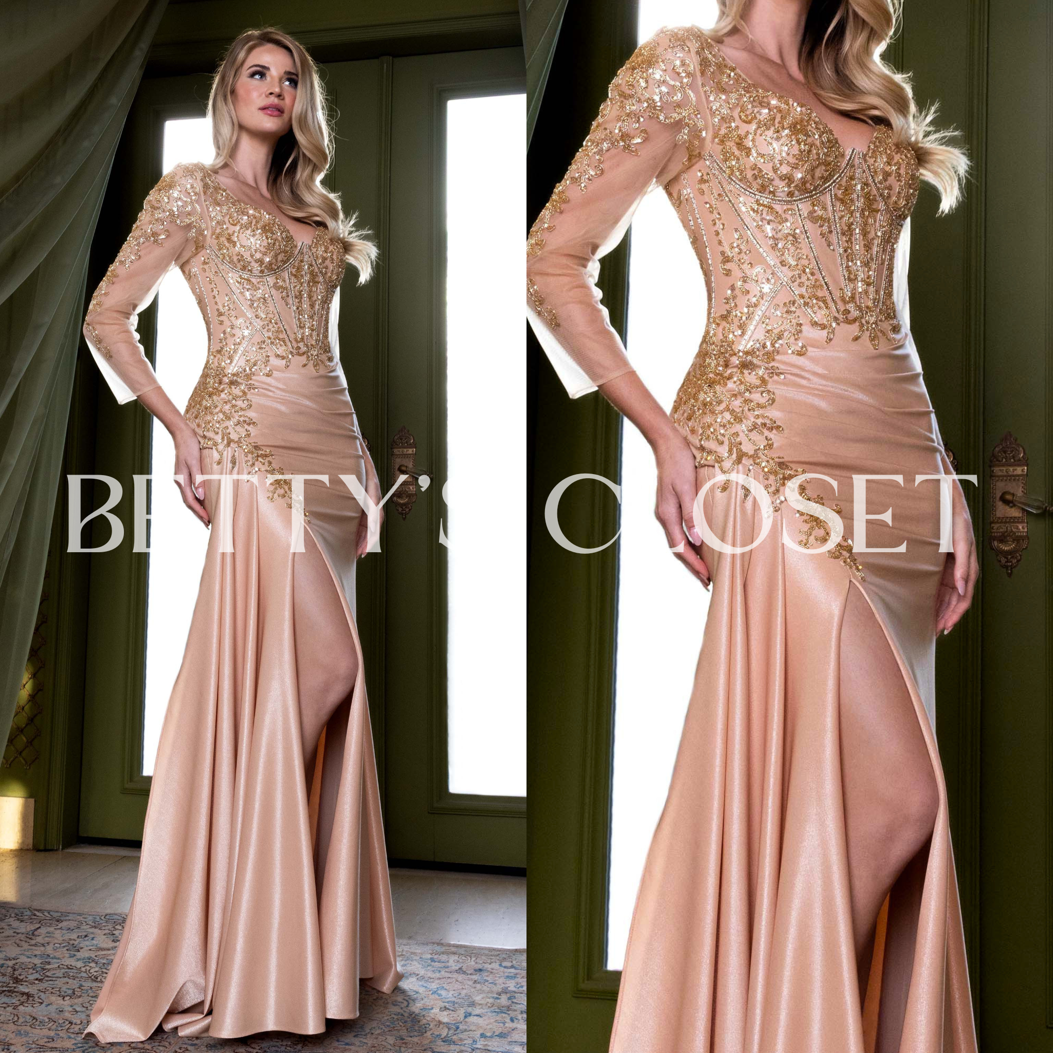 Gloria Embellished Corset Bodice W/ Sheer Long Sleeve Gown