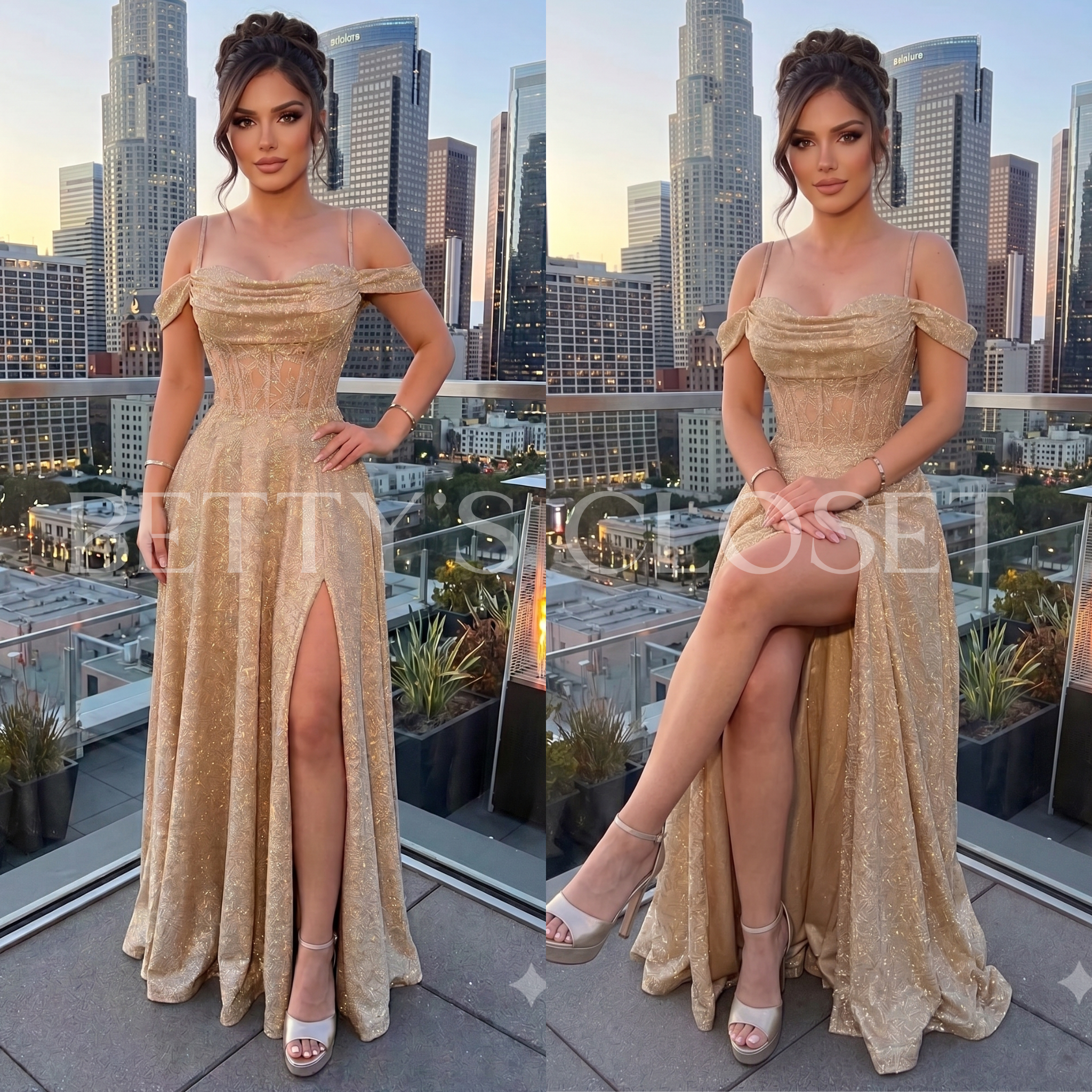 Paulina A-Line Glitter Off Shoulder Gown