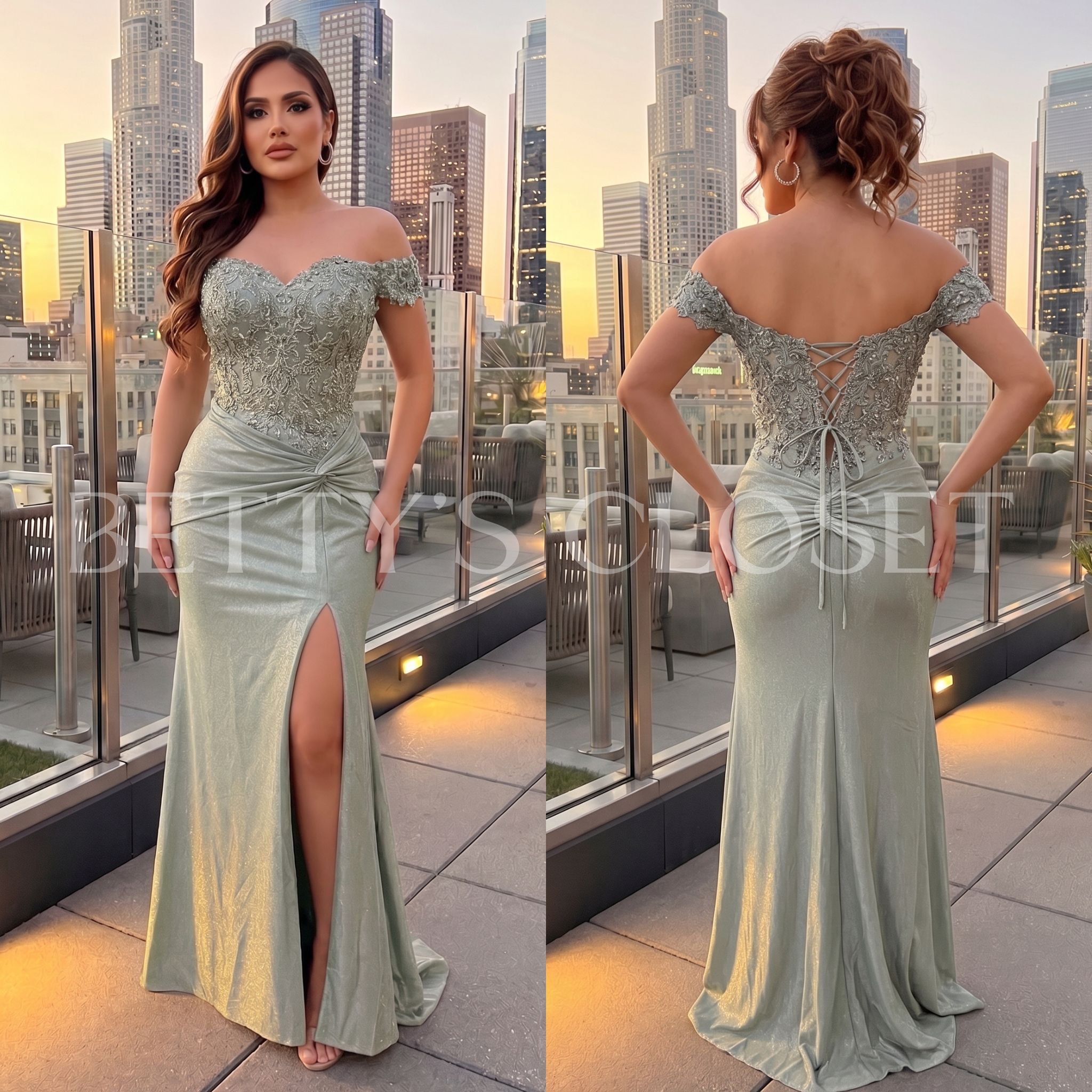 Paloma Off Shoulder Embroidered Side Knot Gown