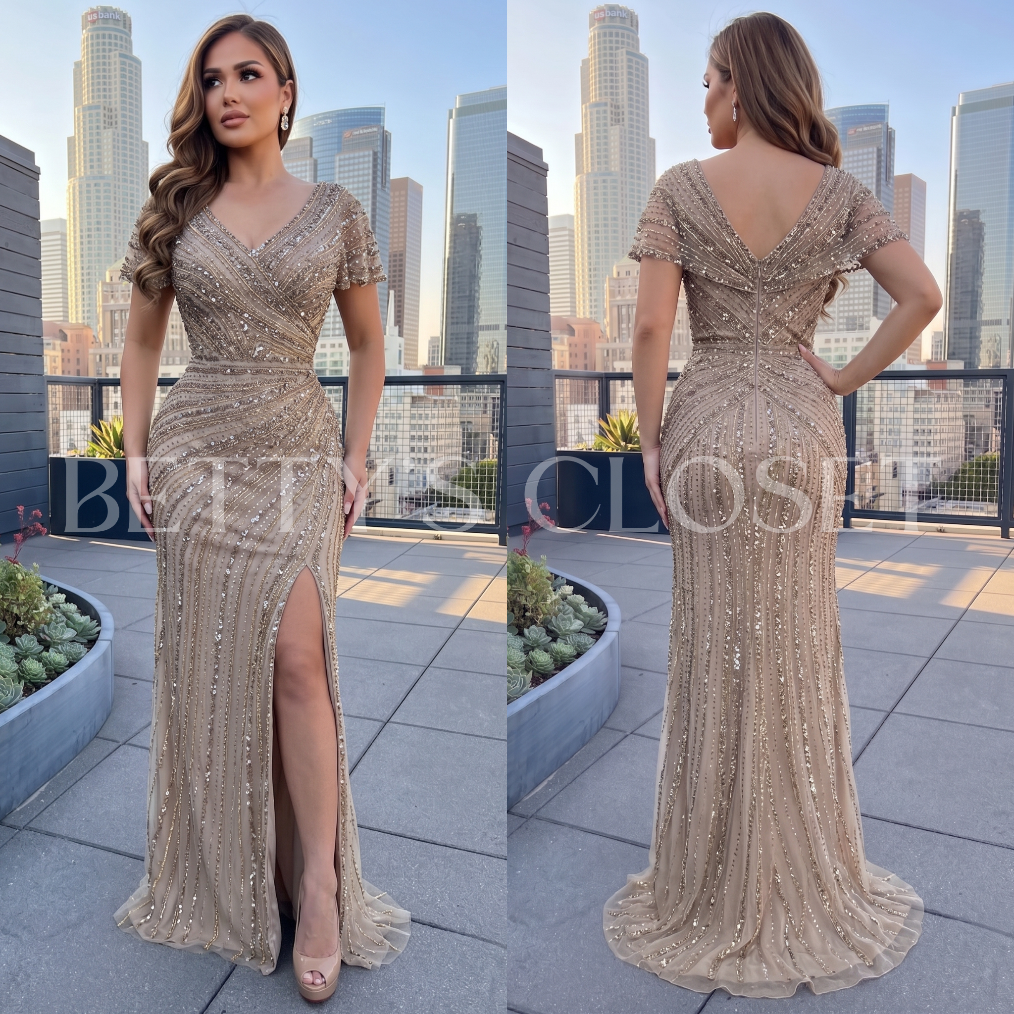 Alison Beaded Embellished Gown W/ Zipper Back
