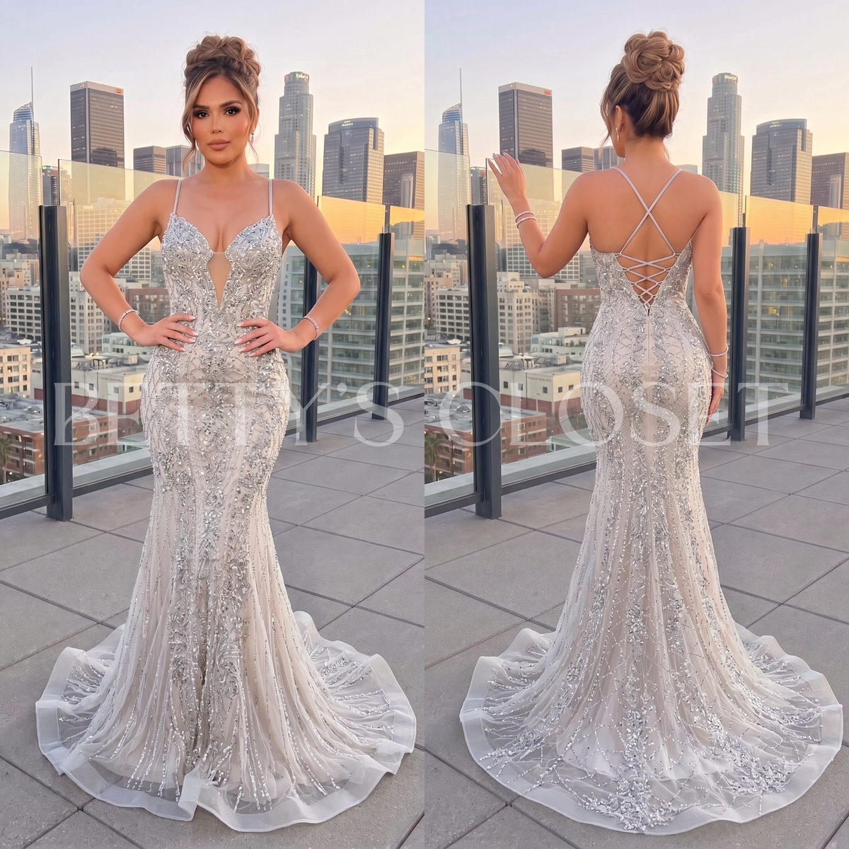Valeria Spaghetti Strap Beaded Plunge Prom Gown