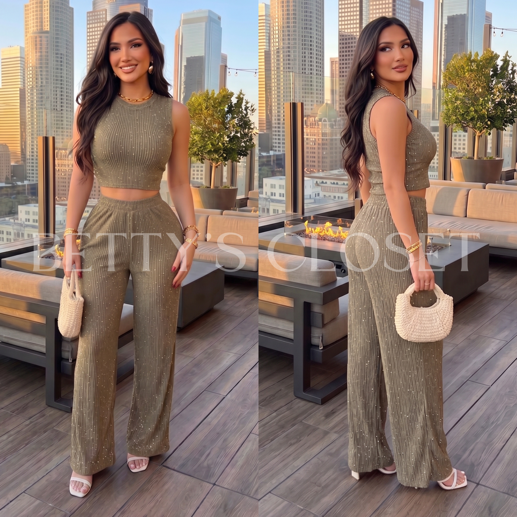 Thalia Crinkle Rhinestone Pant Set