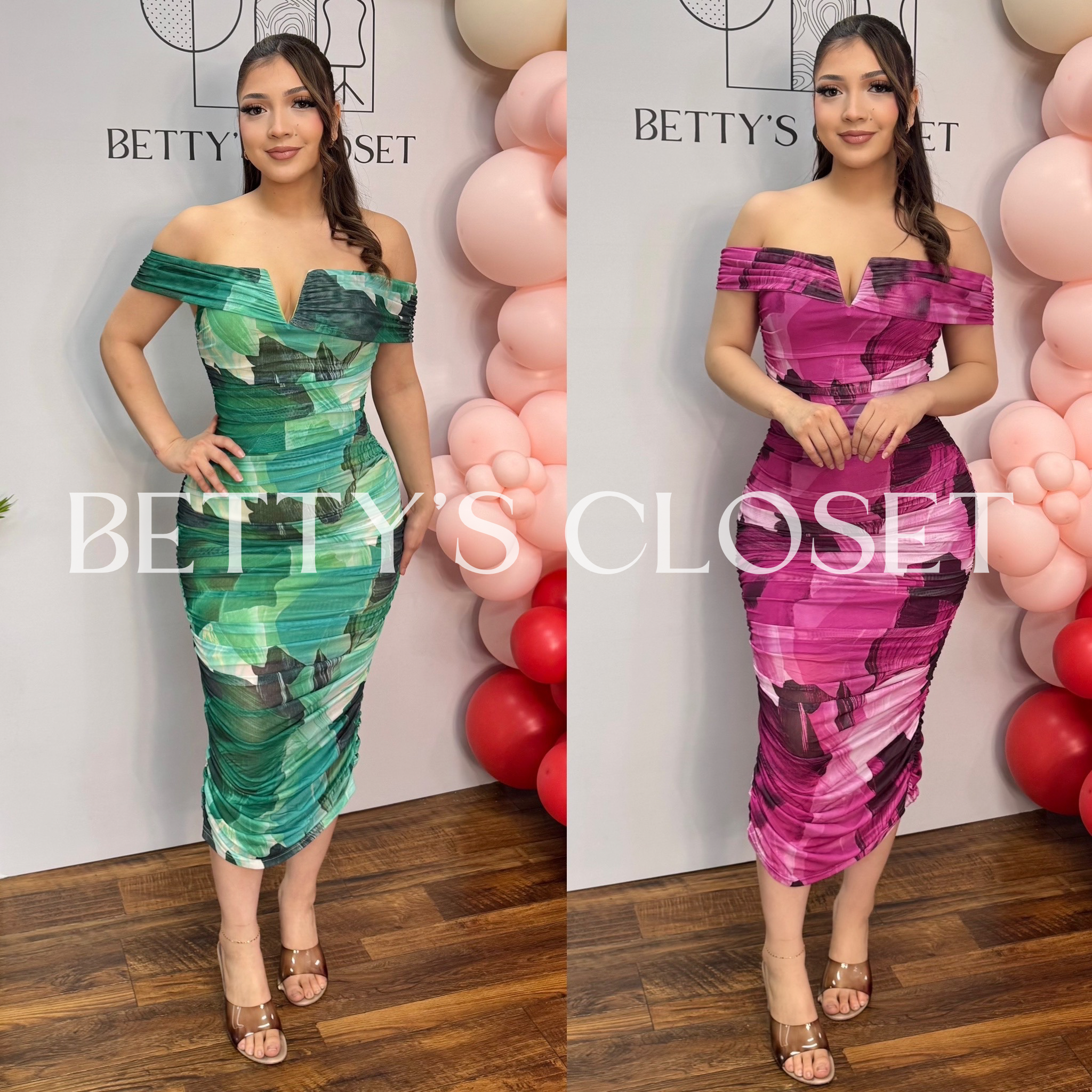 Cecilia Off Shoulder Ruched Leaf Print Dress