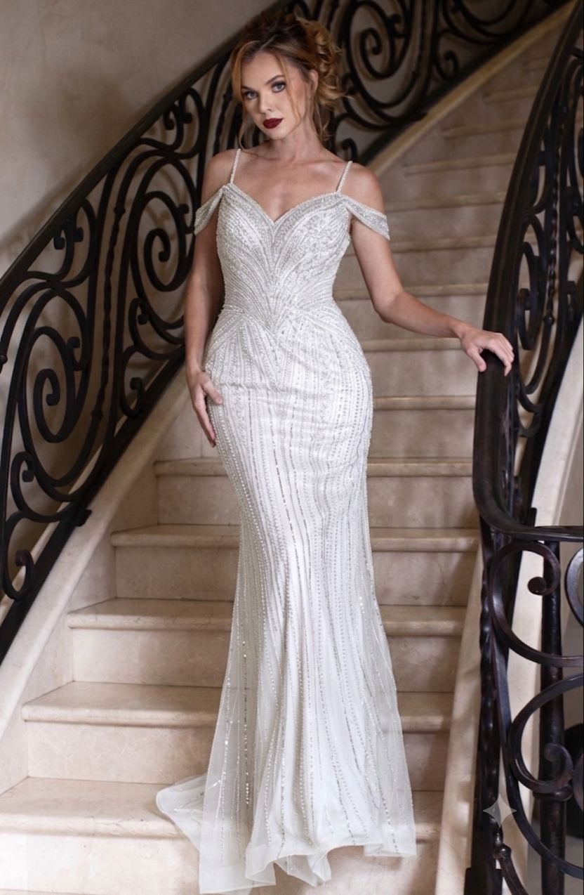 Mireya Off Beaded Mesh Sweetheart Long Gown