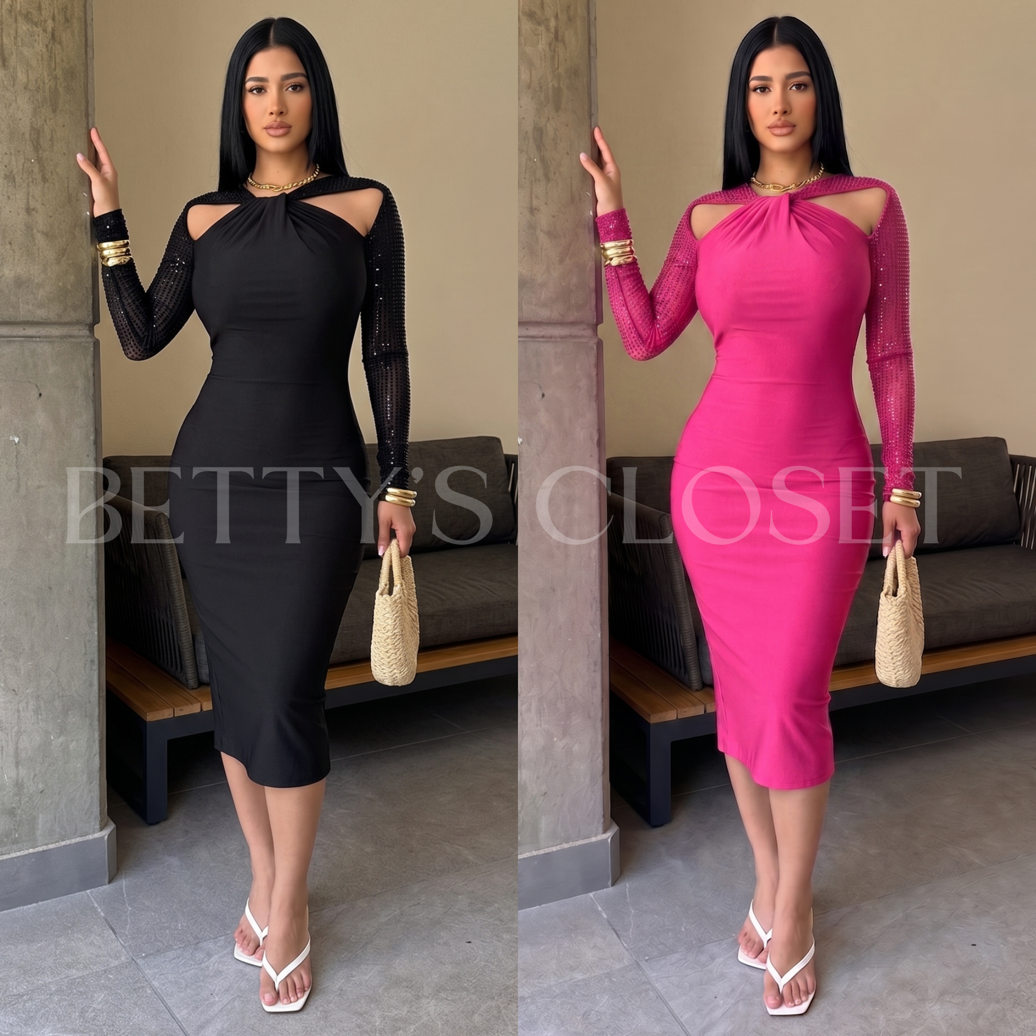 Nadia Rhinestone Twist Mesh Sleeve Satin Midi Dress