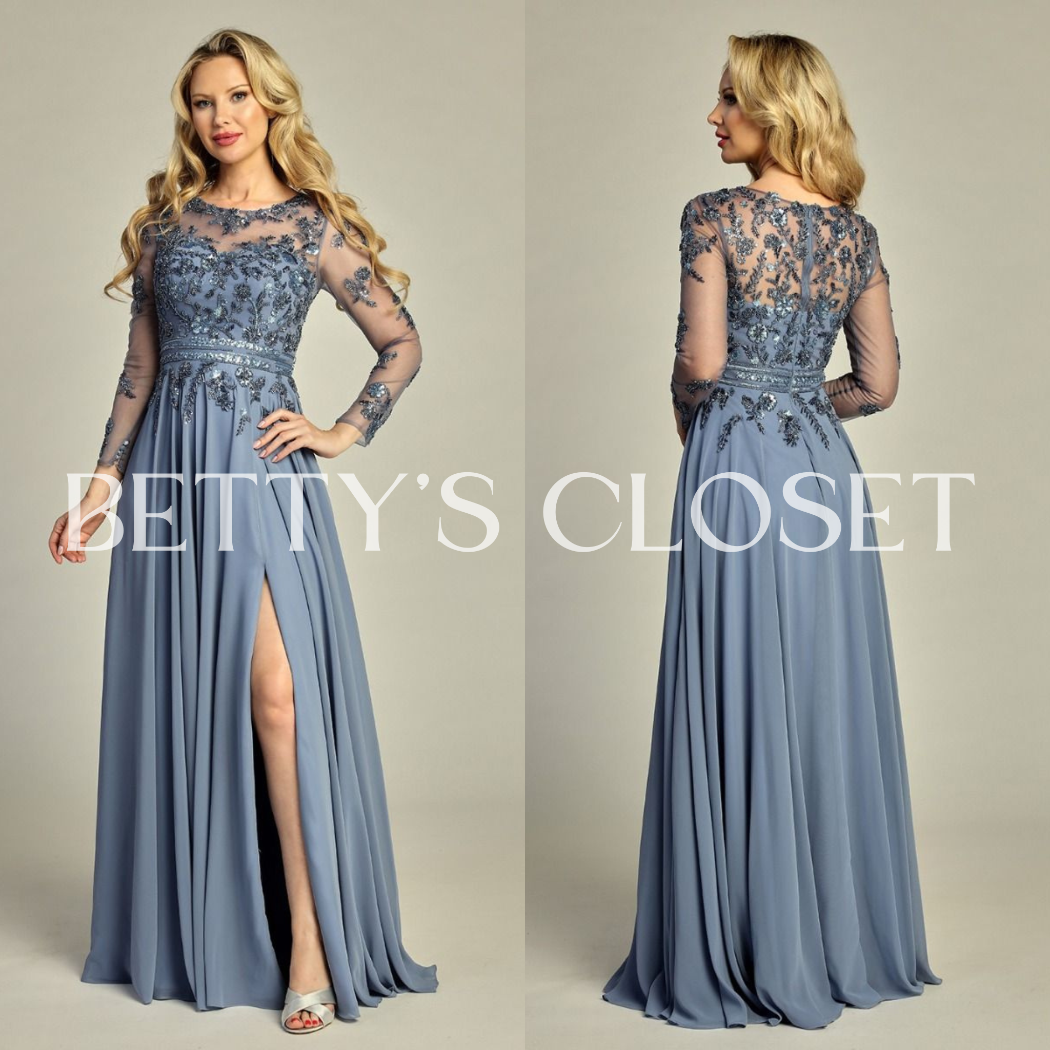 Rebecaa Princess A Line Long Sleeve Embroidered Prom Gown