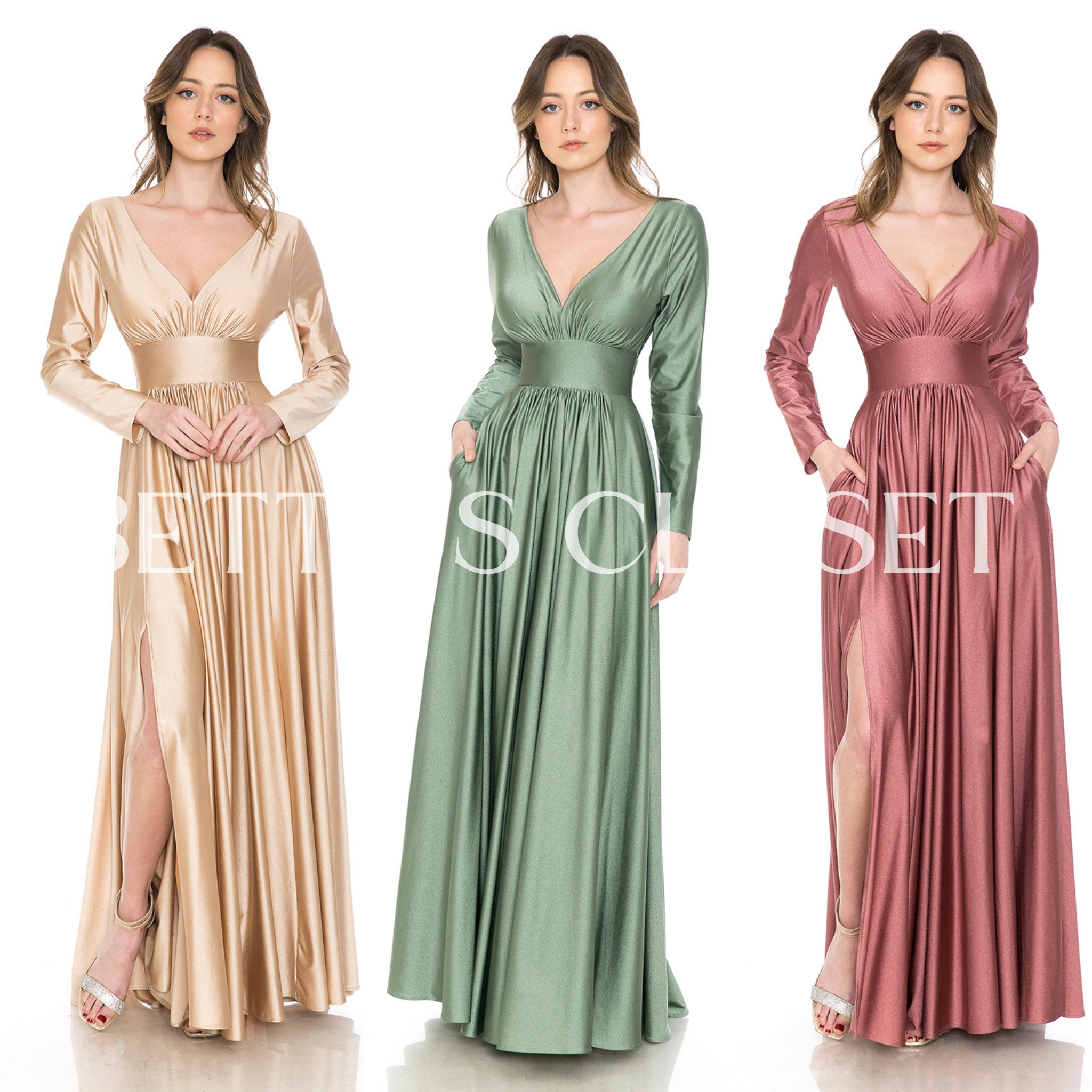 Marissa Long Sleeve V-Neck Waisted Ruched Top Ruched Flare Shiny Pocketed Formal Gown