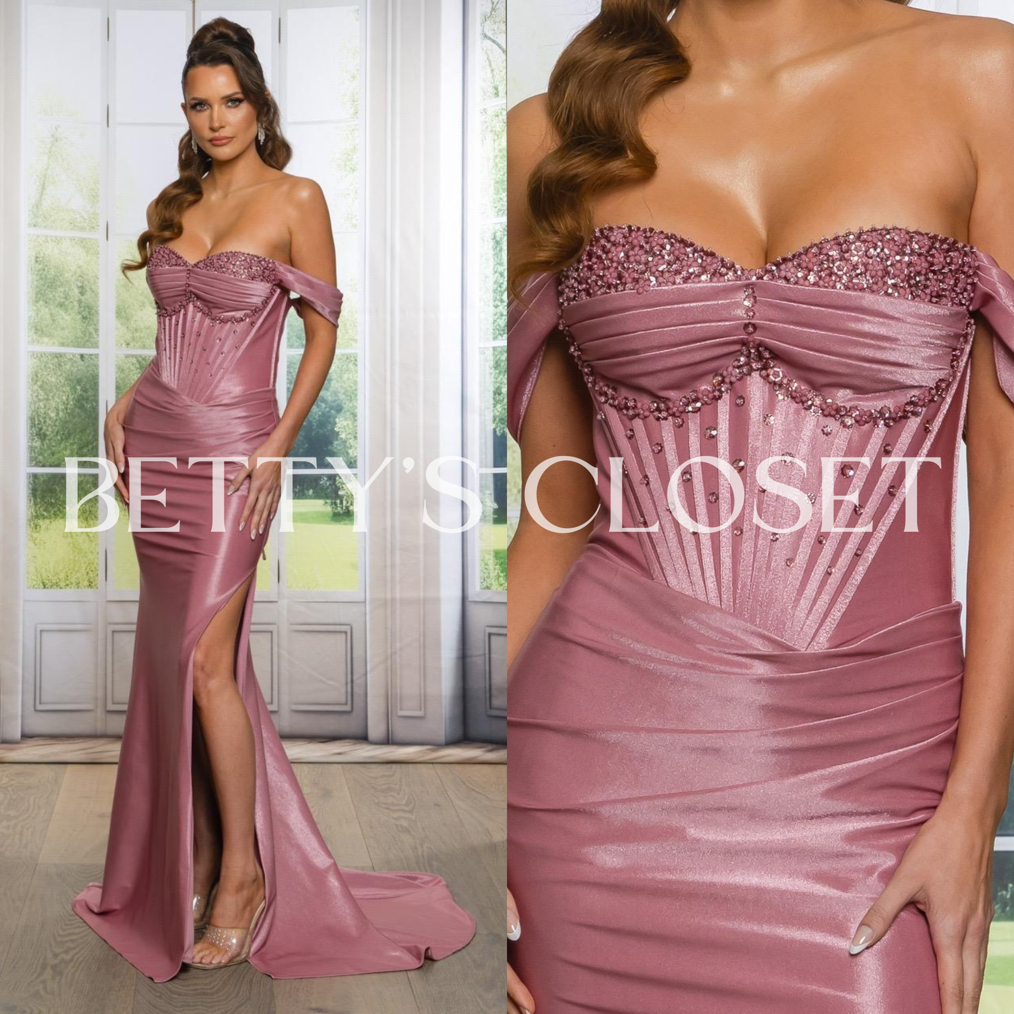 Aurora Flower Embellished Corset Satin Off Shoulder Gown