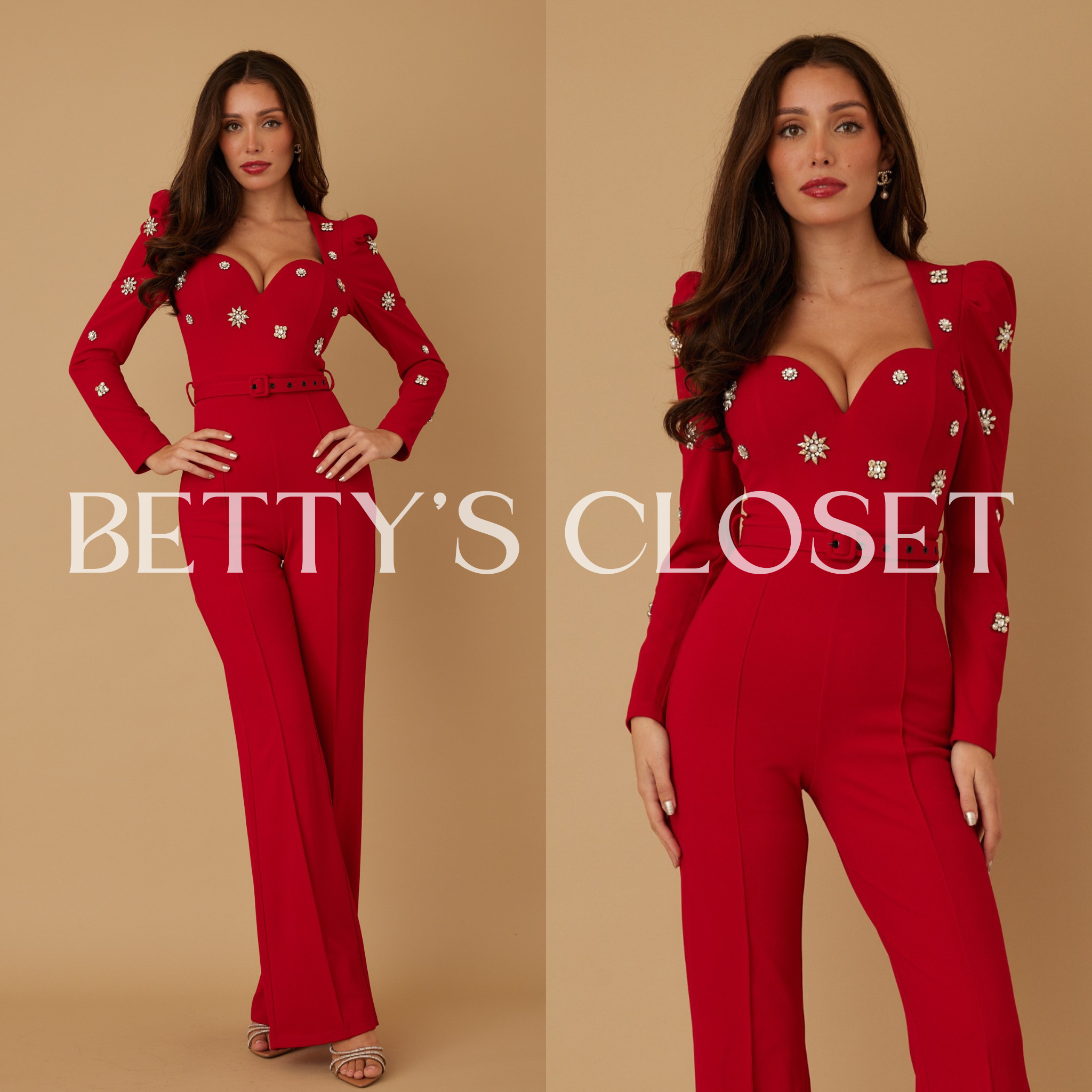 Crystal Embellished Long Sleeve Belted Jumpsuit
