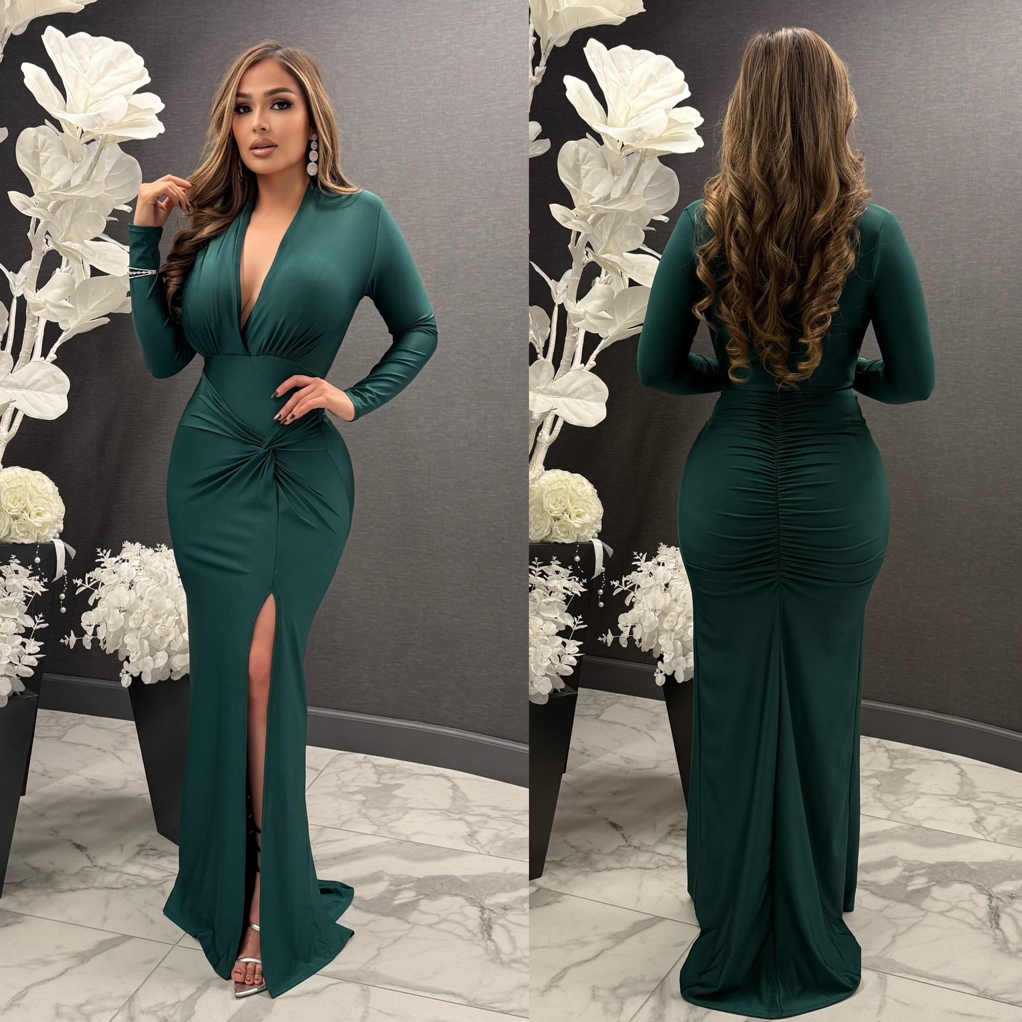 Eliana Long Sleeve Side Twist V Neck Gown