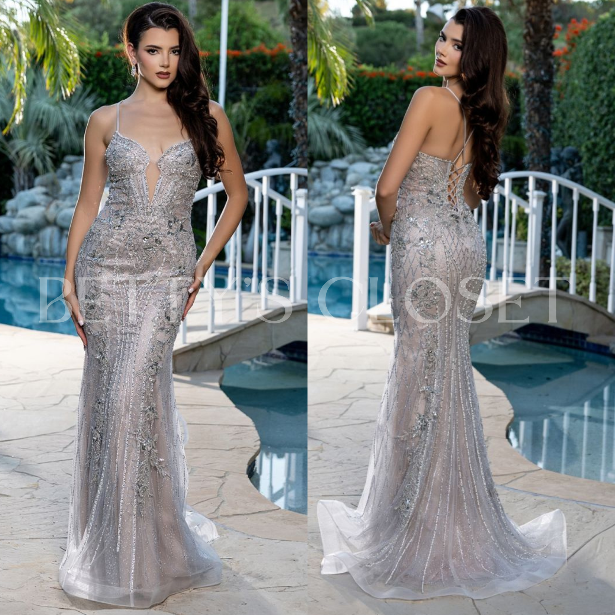 Valeria Spaghetti Strap Beaded Plunge Prom Gown