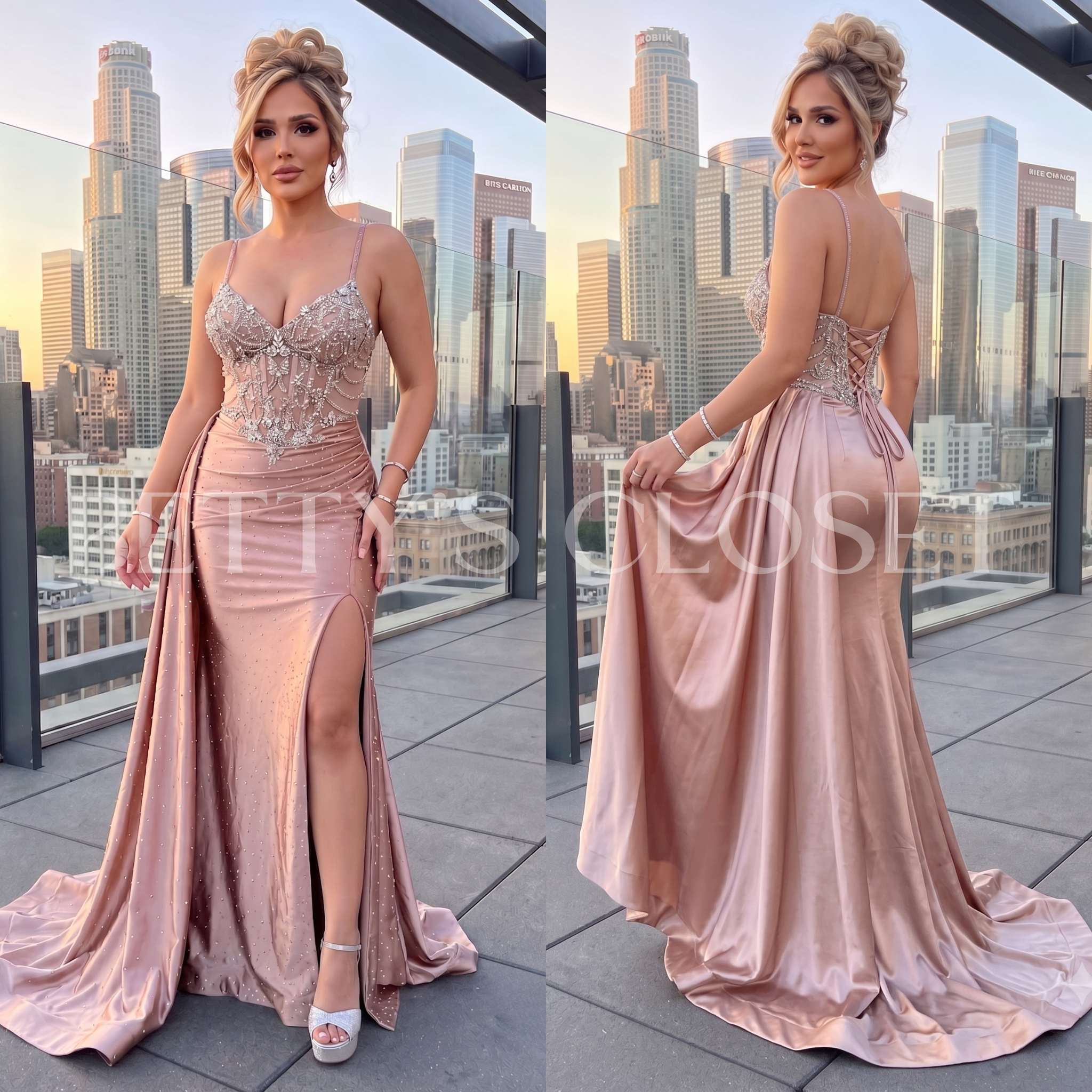 Karina Embellished Rhinestone Dress W/ Side Gathering & Lace Up Back
