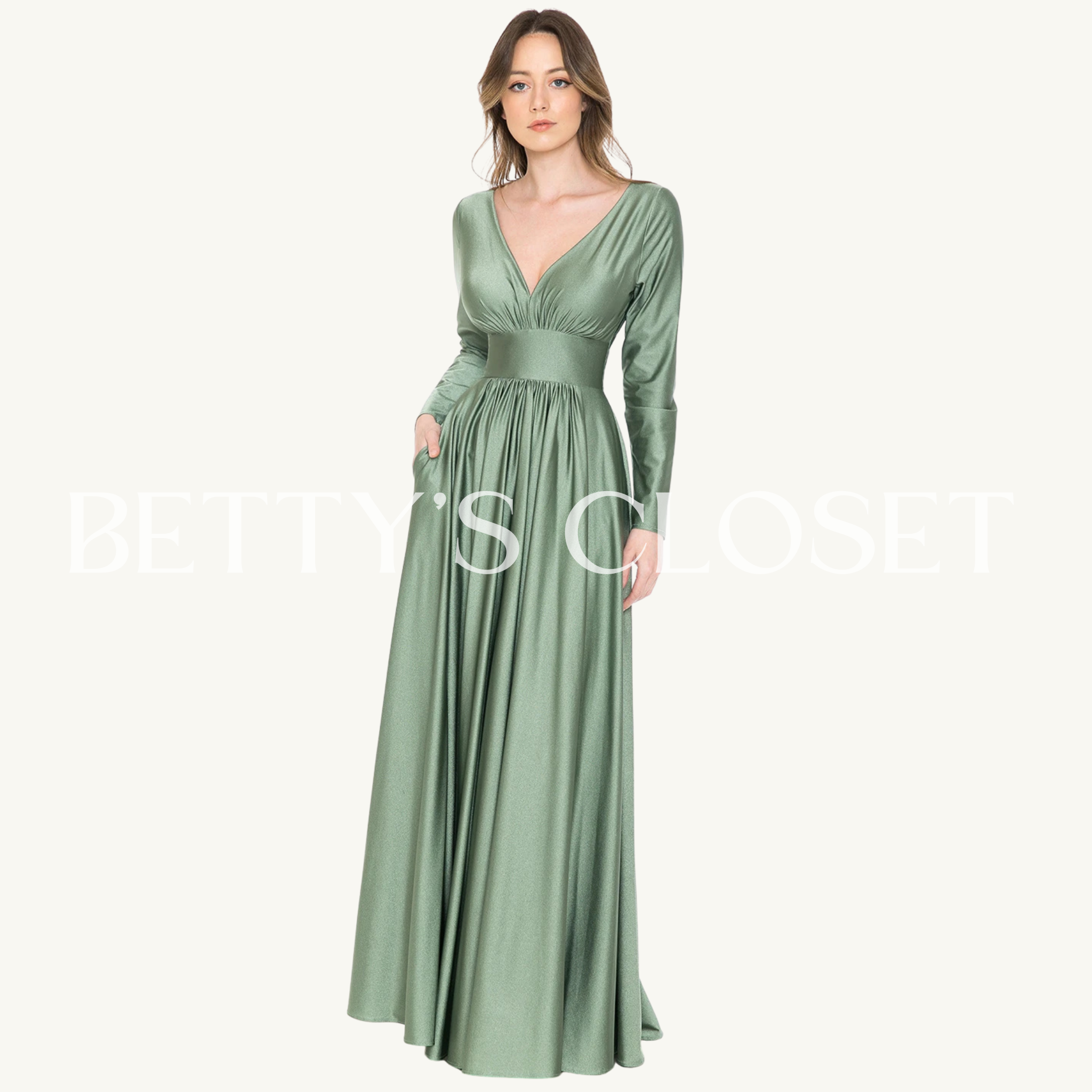 Marissa Long Sleeve V-Neck Waisted Ruched Top Ruched Flare Shiny Pocketed Formal Gown