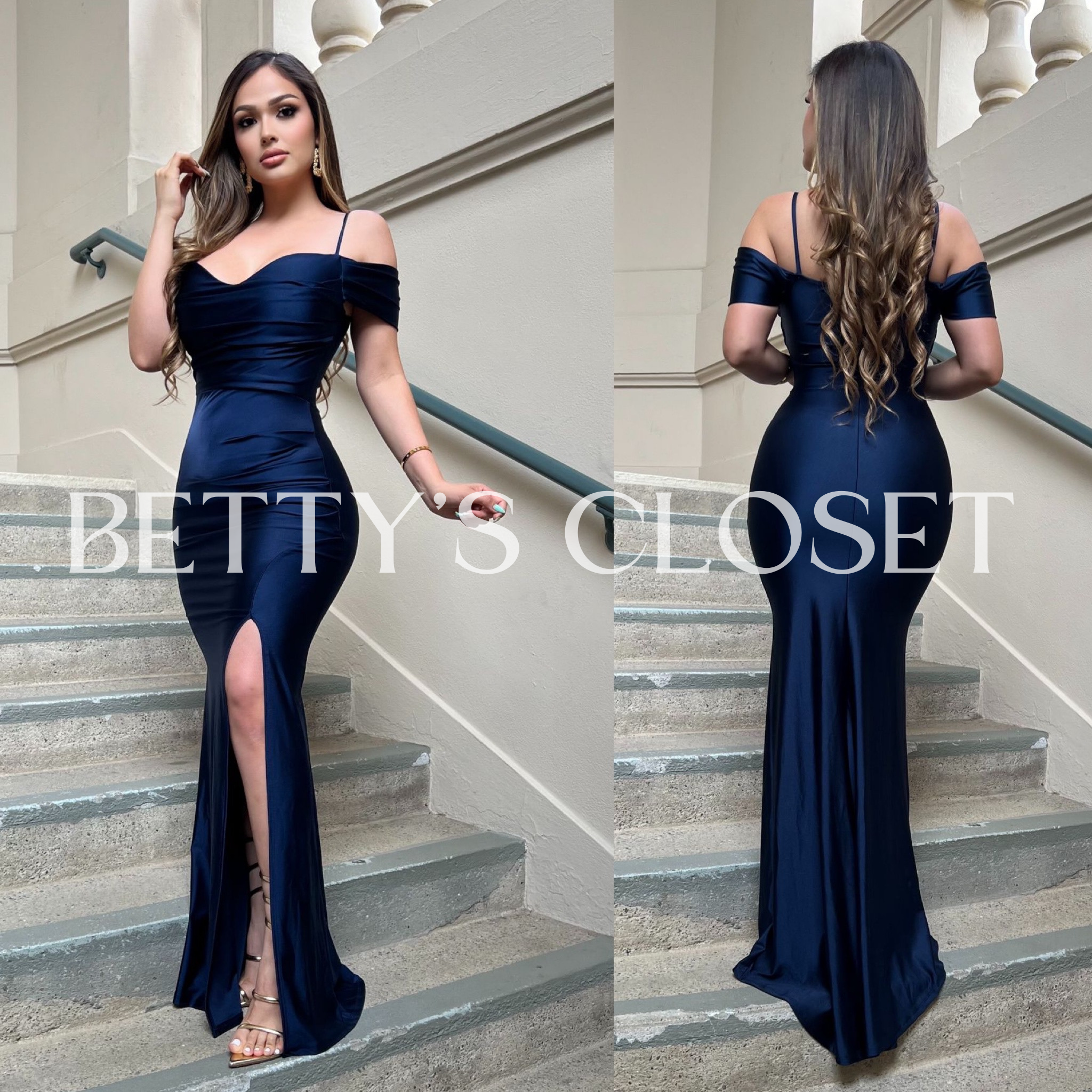 Jasmine Off Shoulder Shiny Stretchy Gown