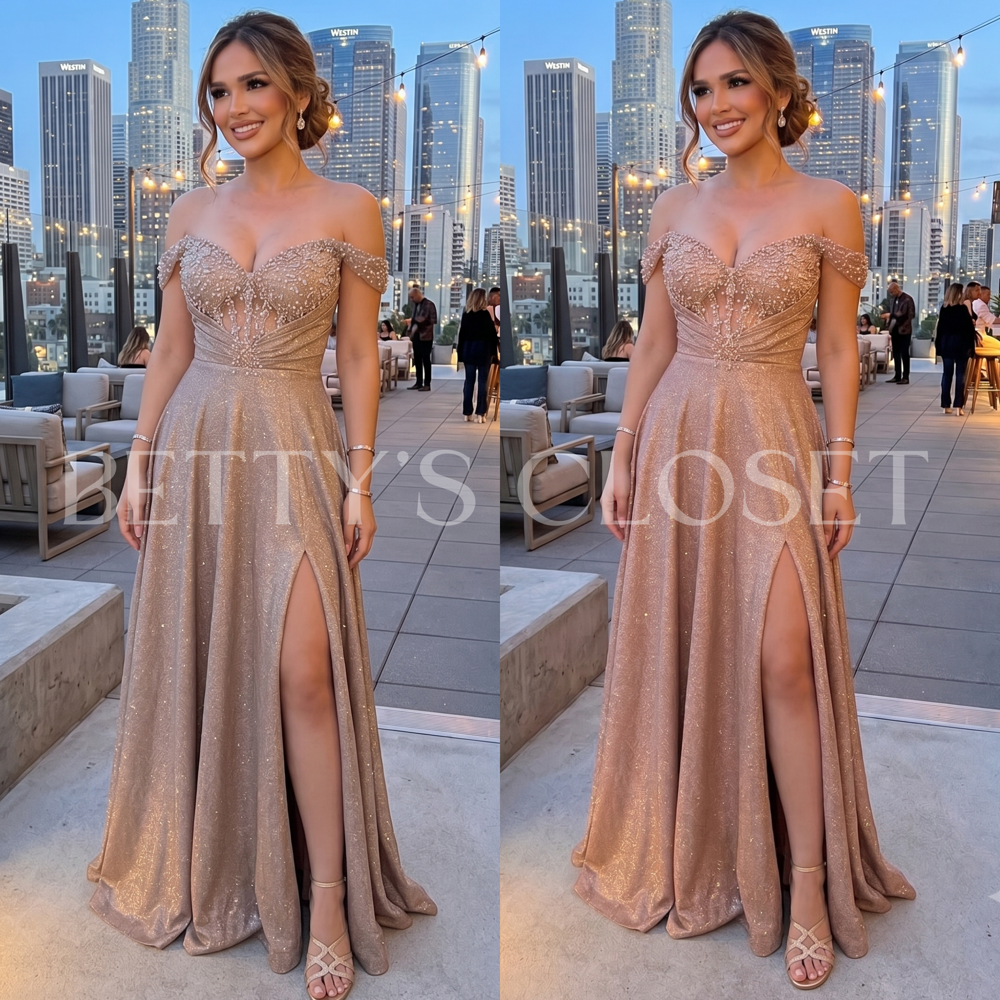 Damaris Off Shoulder A-Line Glitter Gown