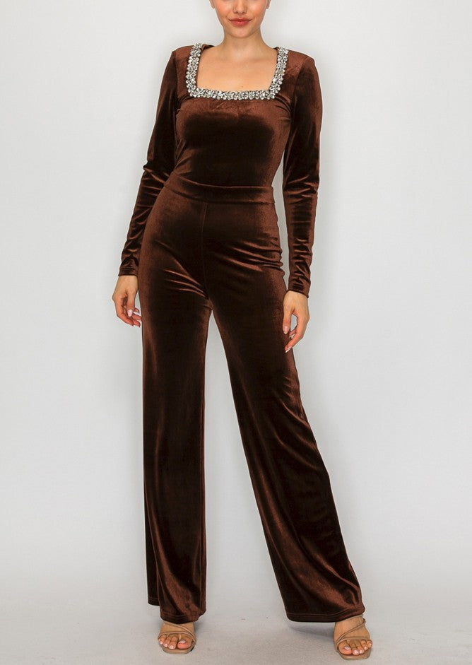 Holiday Embellished Velvet Jumpsuit
