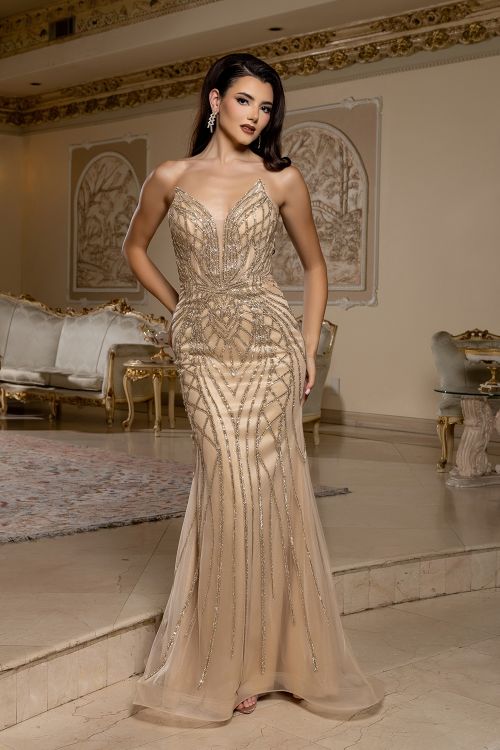 Monica Plunging V-Neck Embellished Strapless Evening Glam Gown