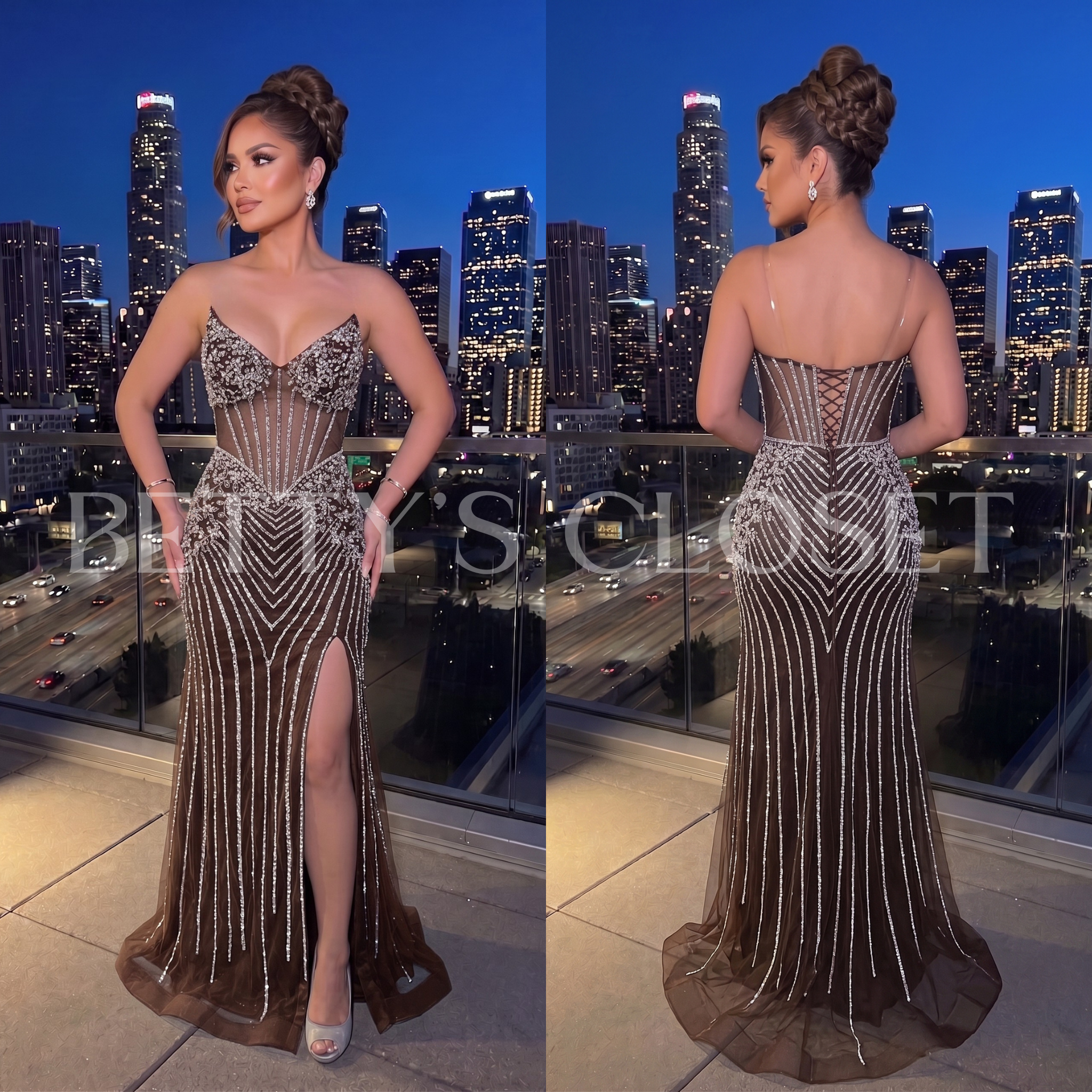 Katherine Rhinestone Crystal Embellished Gown w/ Lace Up Back