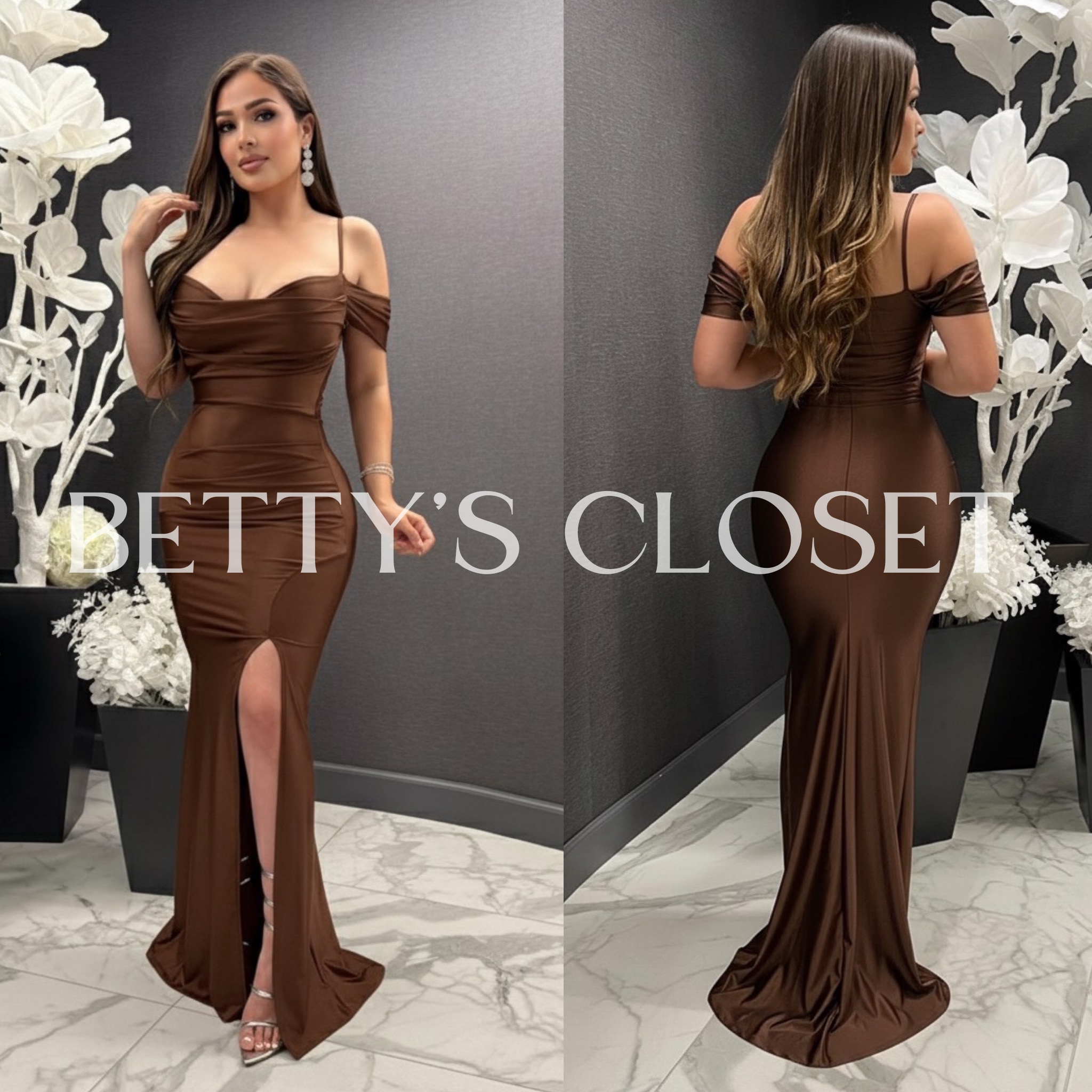 Jasmine Off Shoulder Shiny Stretchy Gown