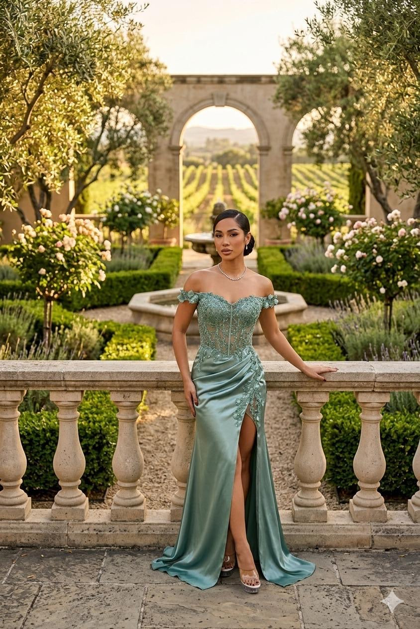 Reyna Off-shoulder Beaded Mermaid Satin Glam Gown
