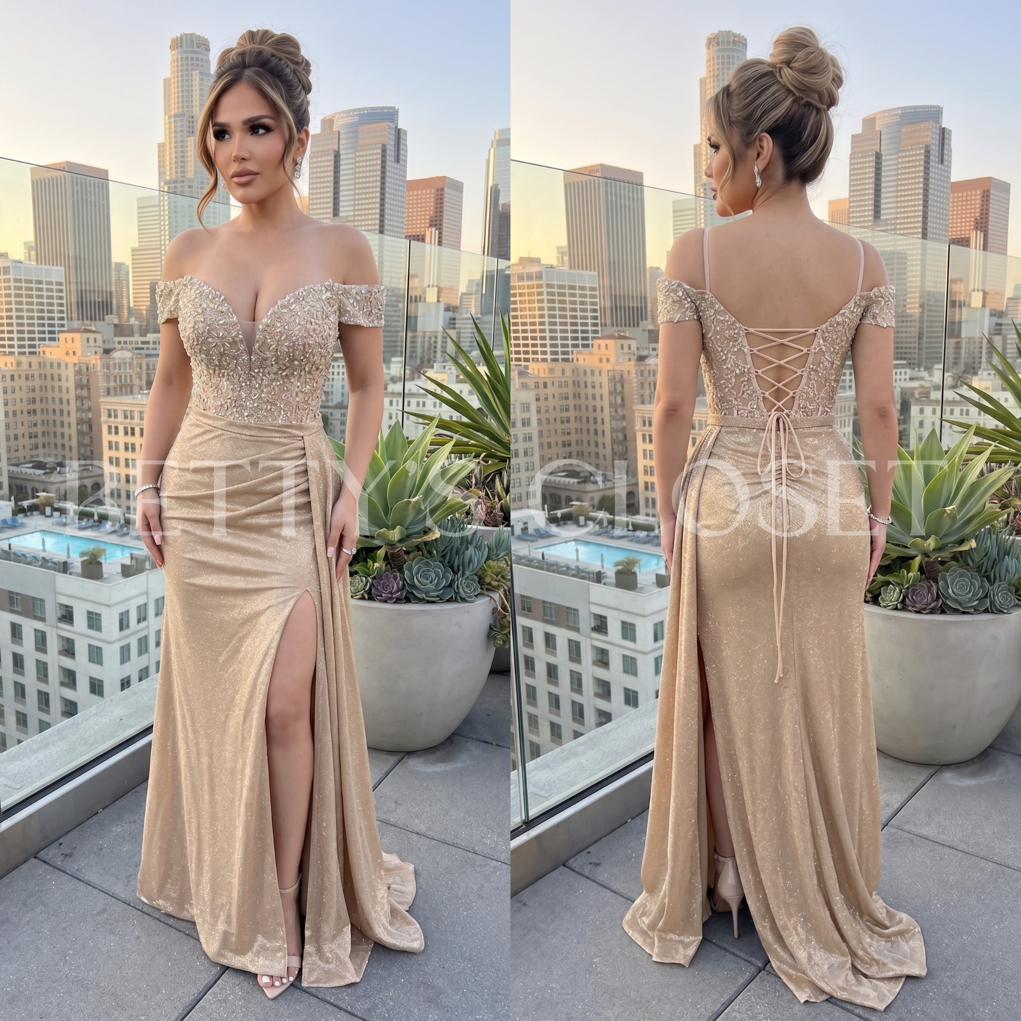 Claudia Off Shoulder Shiny Embroidered Dress