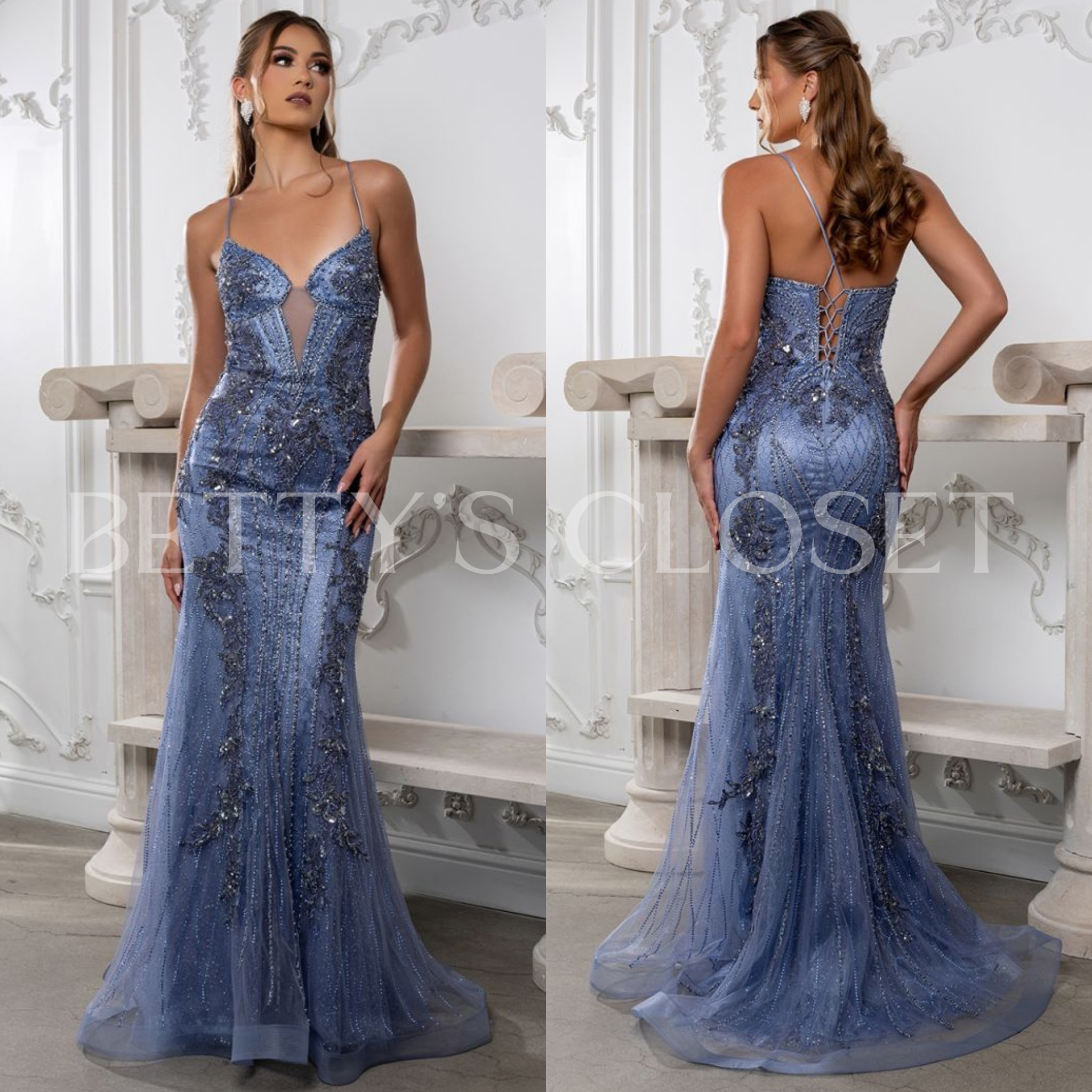 Valeria Spaghetti Strap Beaded Plunge Prom Gown