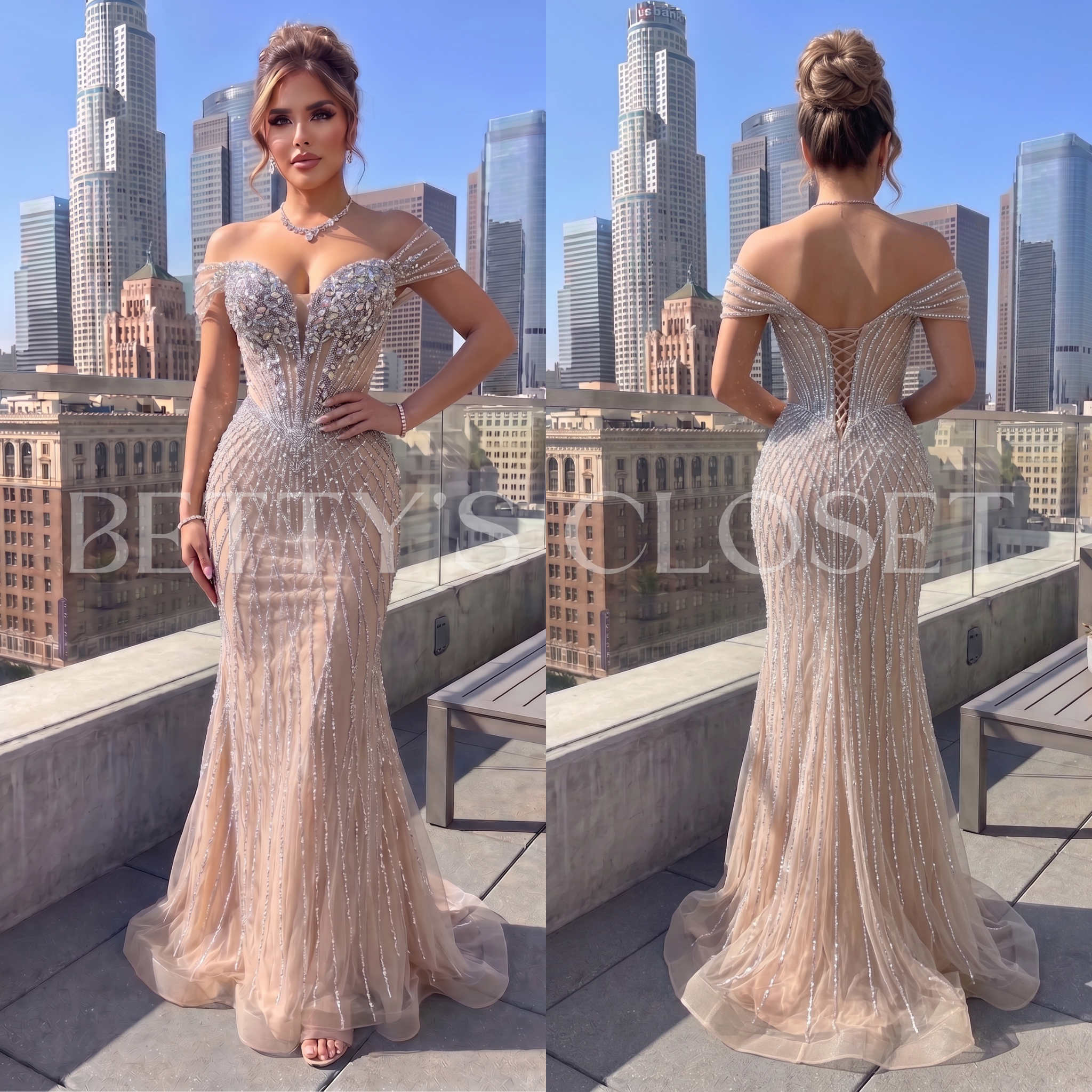 Darla Off Shoulder Embellished Gown w/ Lace up Back