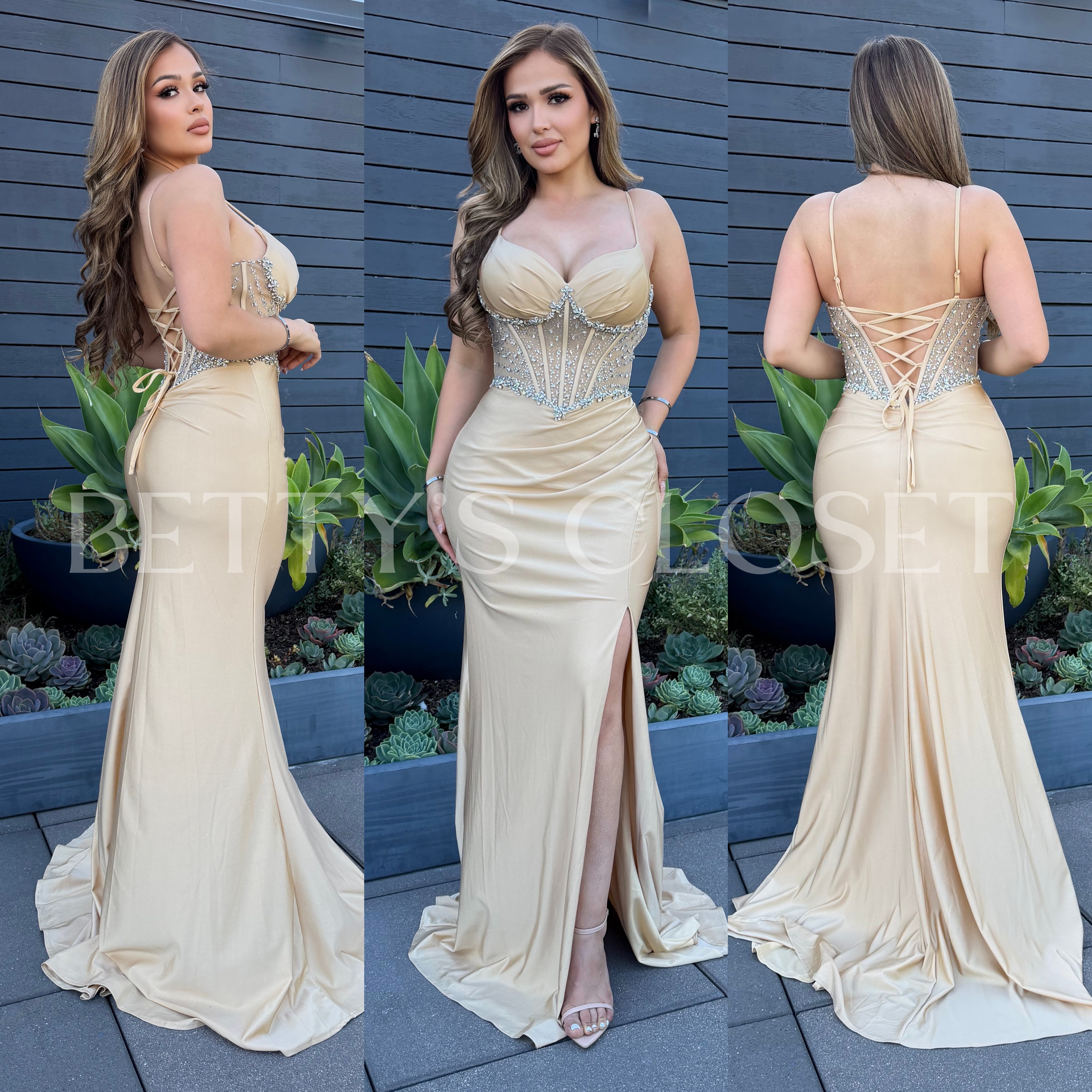 Janney Embellished Bodice Satin Gown