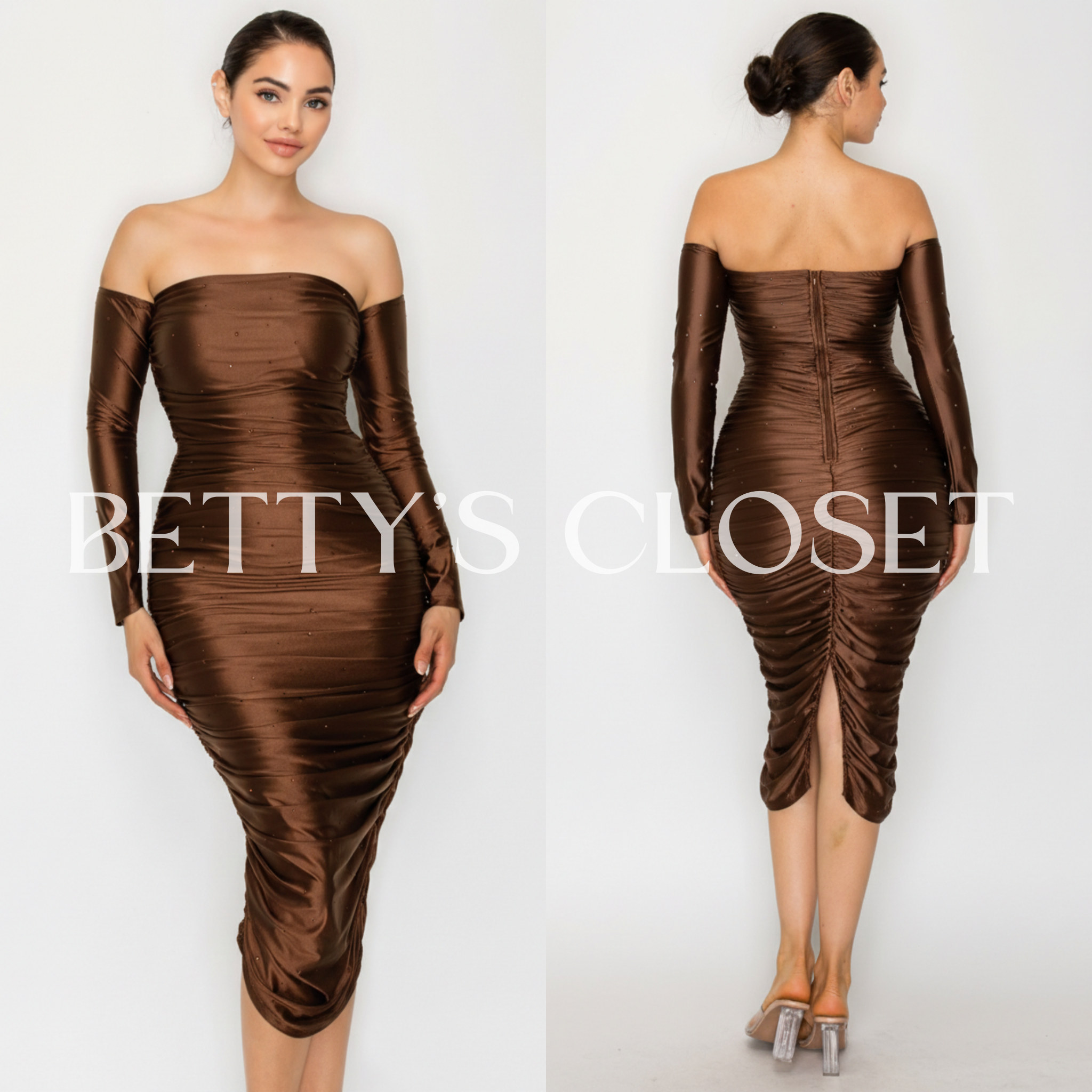 Sweetie Satin Off Shoulder Rhinestone Accents Midi Dress