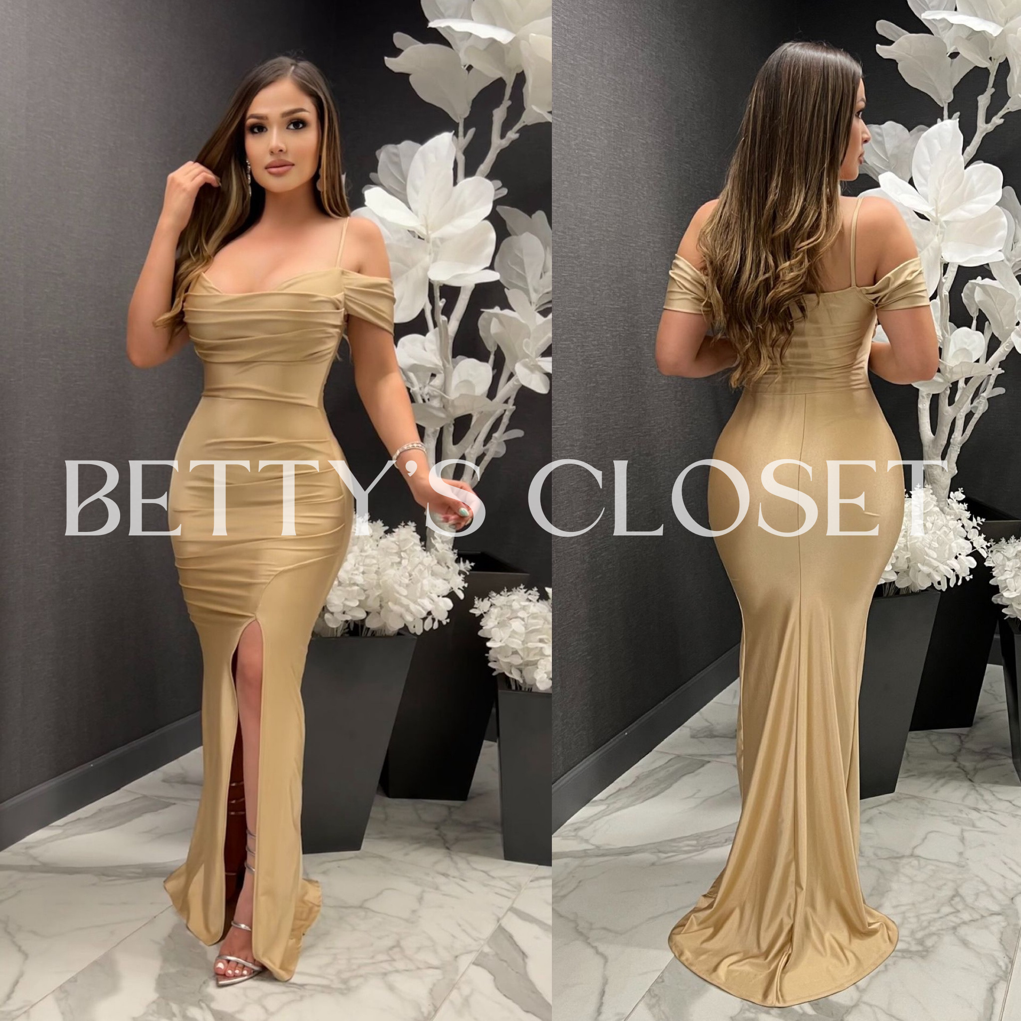 Jasmine Off Shoulder Shiny Stretchy Gown