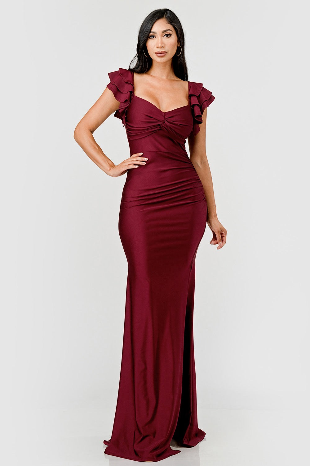 Gabby Ruffle Sleeve Twist Front Maxi Gown