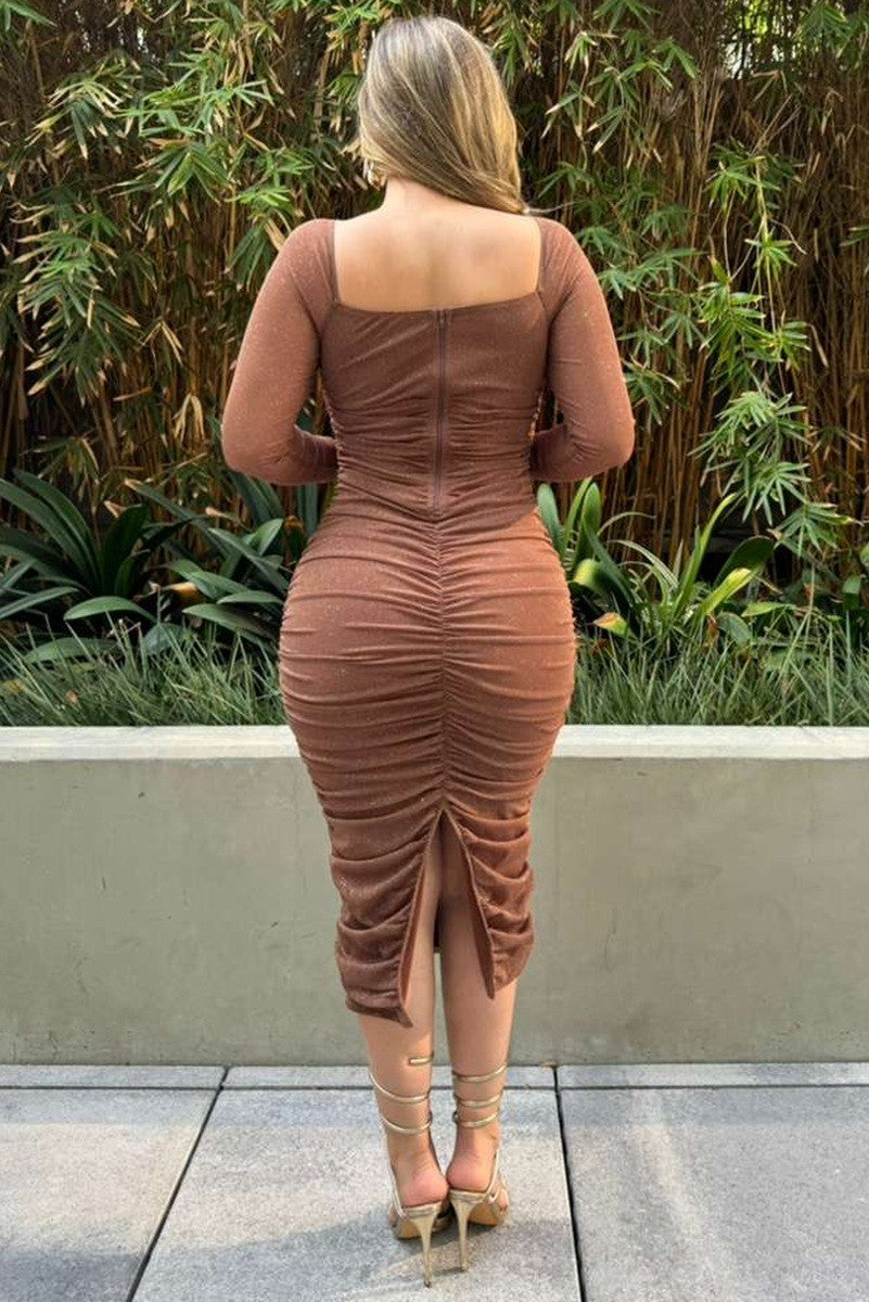 Holiday Midi Glitter Mesh Long Sleeve Dress