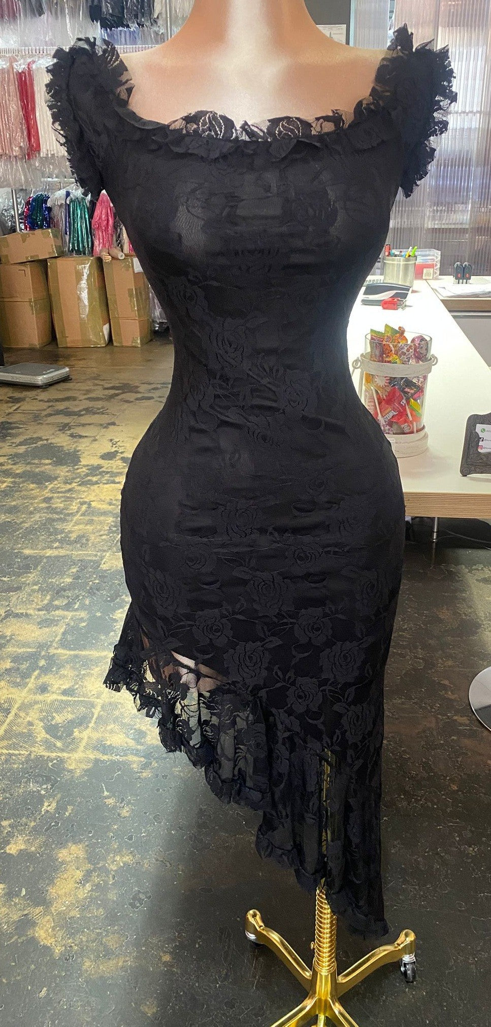 Jaime Lace Off Shoulder Asymmetric Midi Dress