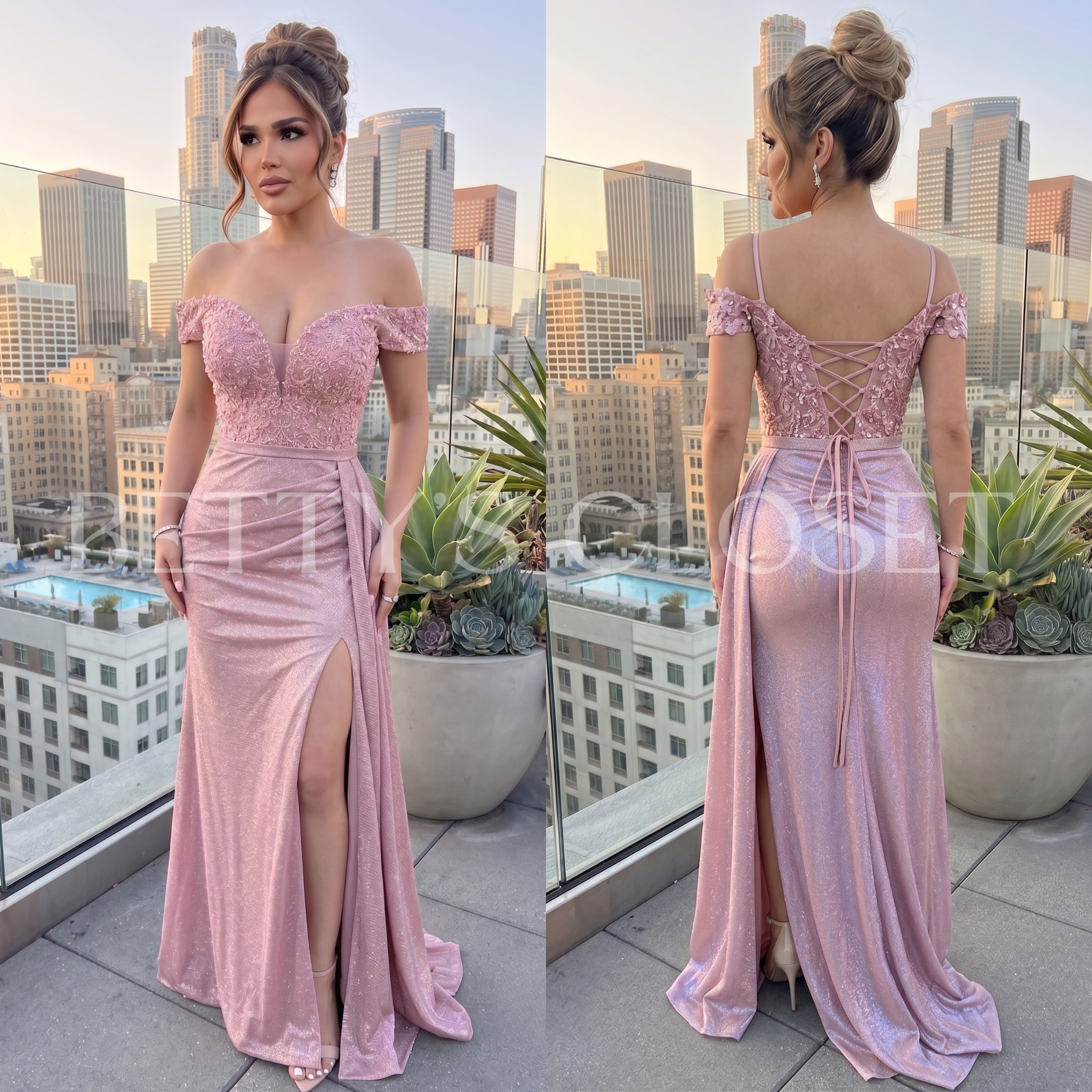 Claudia Off Shoulder Shiny Embroidered Dress
