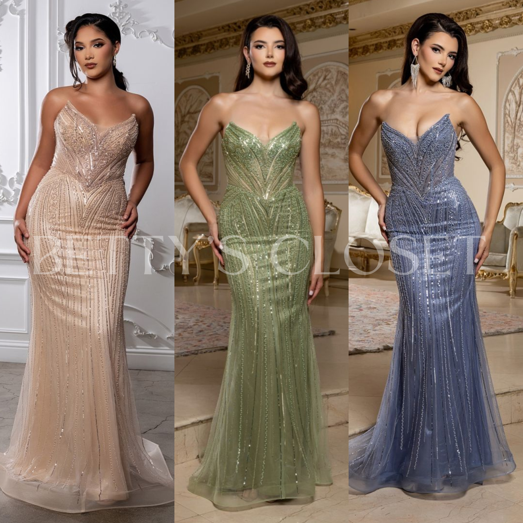 Emilia  Deep V-Neck Beaded Ornate Long Gown
