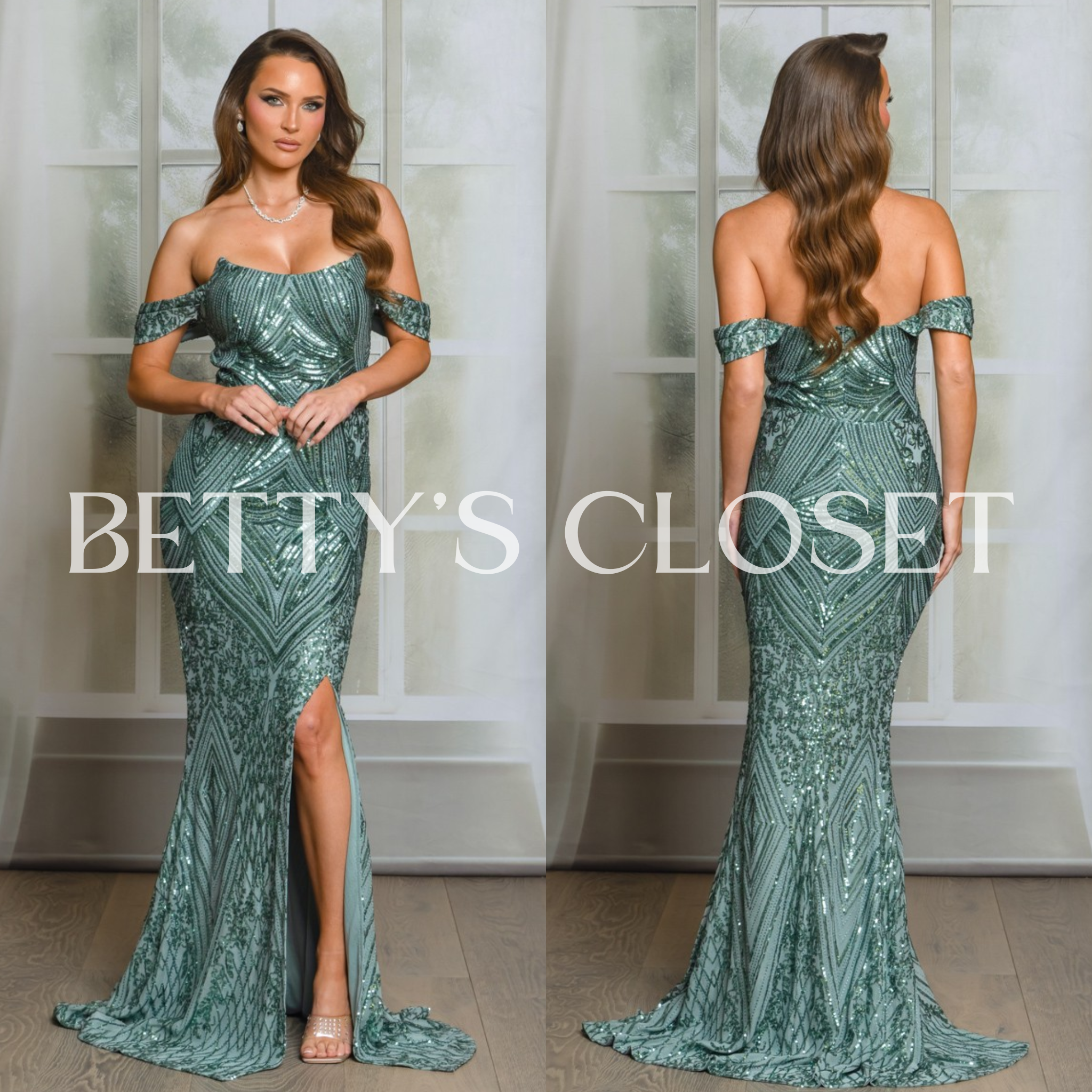 Renata Off Shoulder Corset Sequin Maxi Gown With Slit