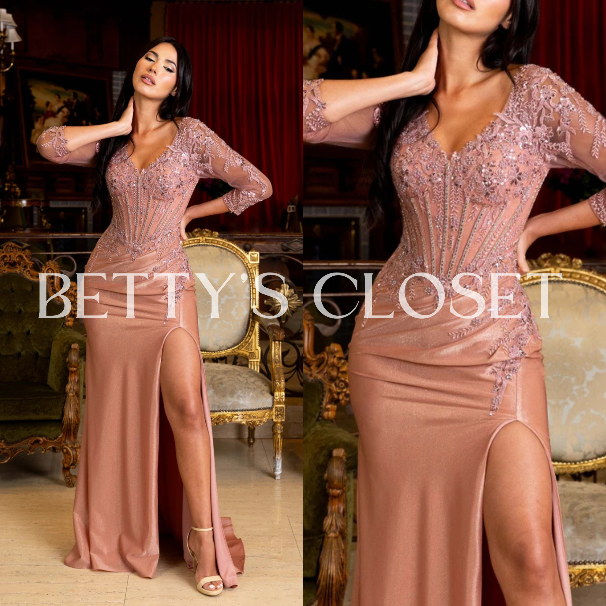 Aracely Long Sleeve Embellished Zipper Back Prom Gown