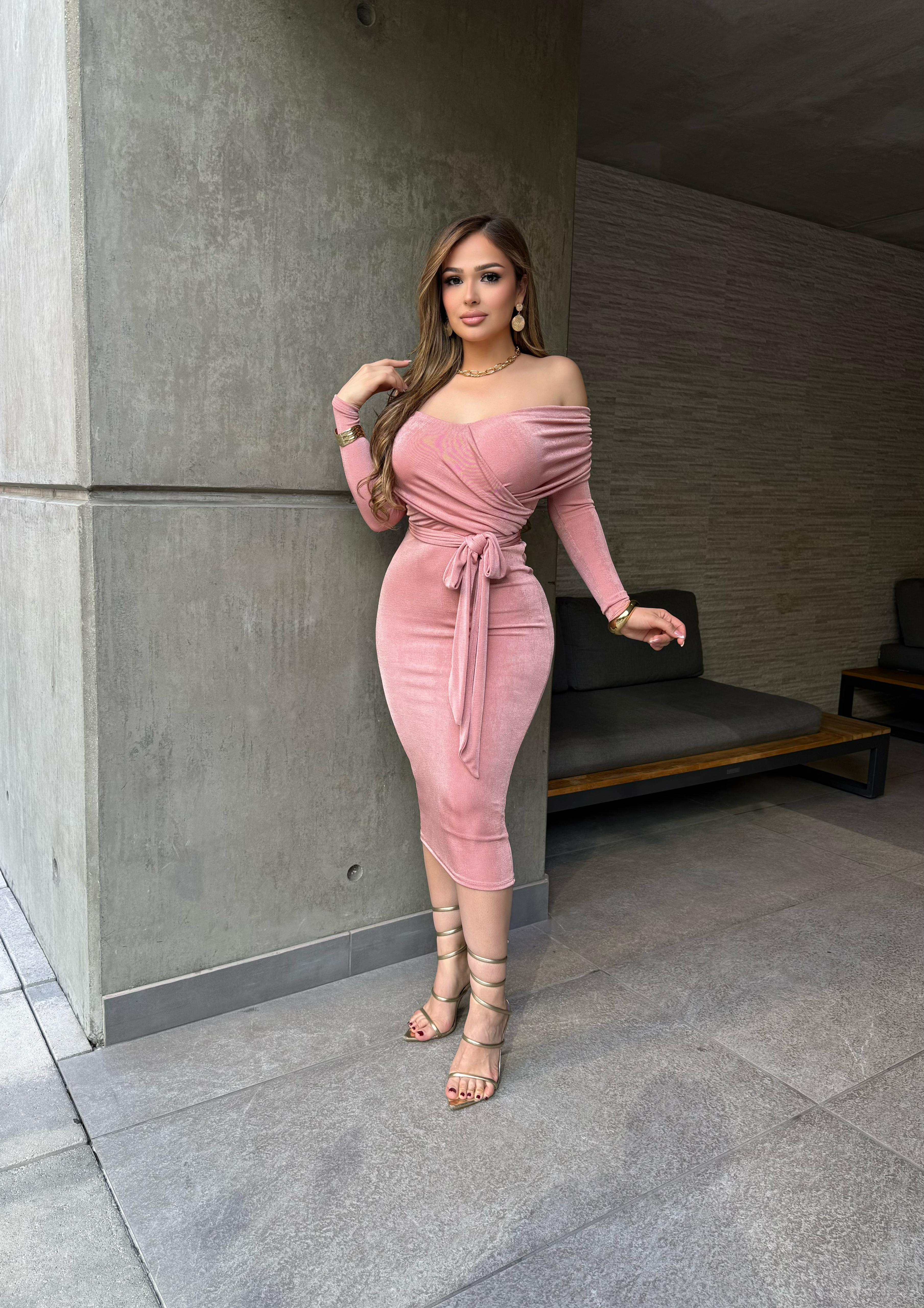 Gisselle Off Shoulder Belted Midi Dress