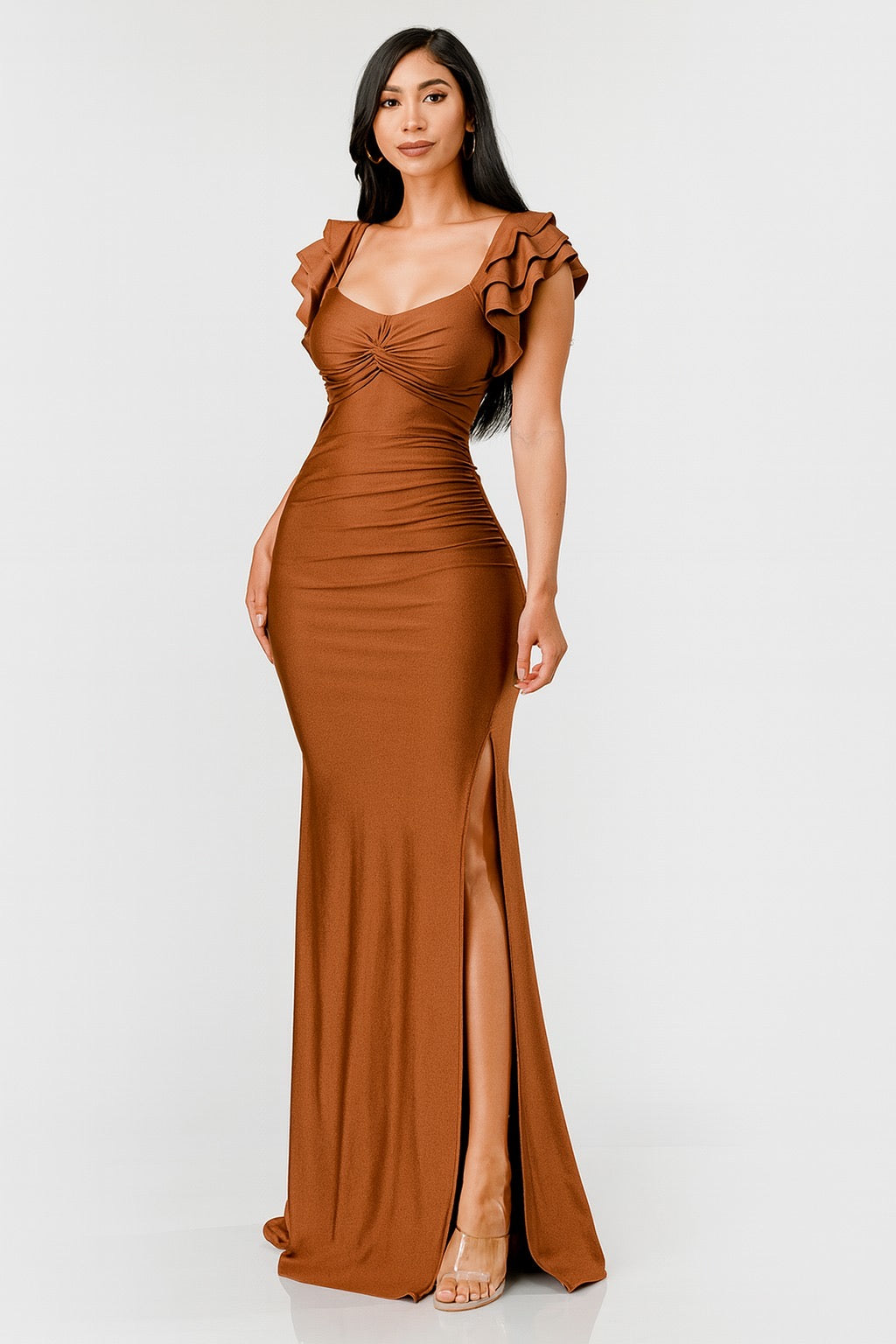 Gabby Ruffle Sleeve Twist Front Maxi Gown
