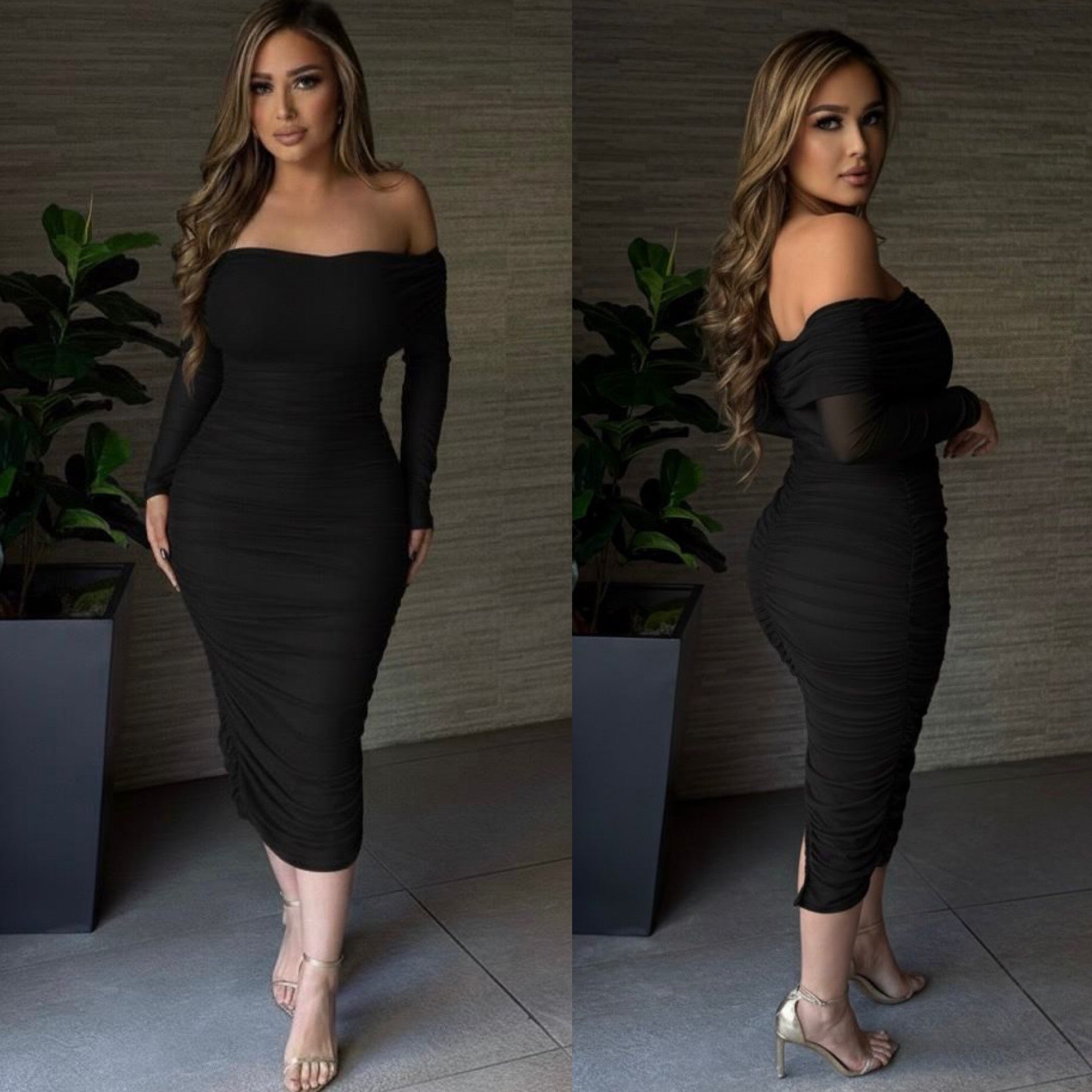 Julie Off Shoulder Ruched Long Sleeve Dress