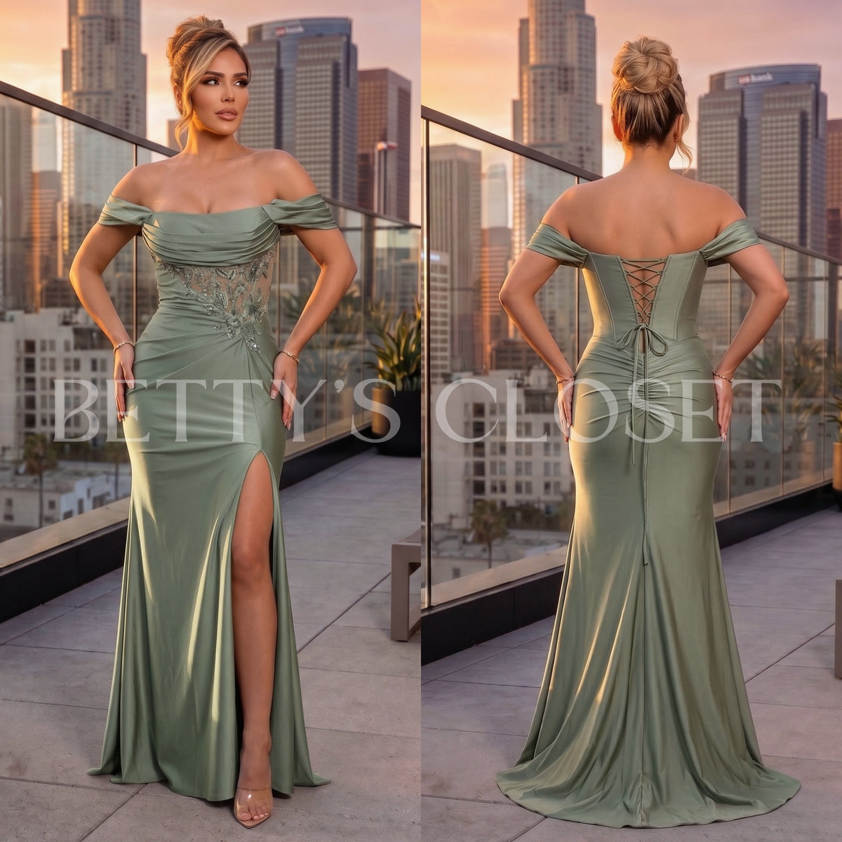 Lucia Off Shoulder Embroidered Gown w/ Butt Scrunch & Lace Up Back