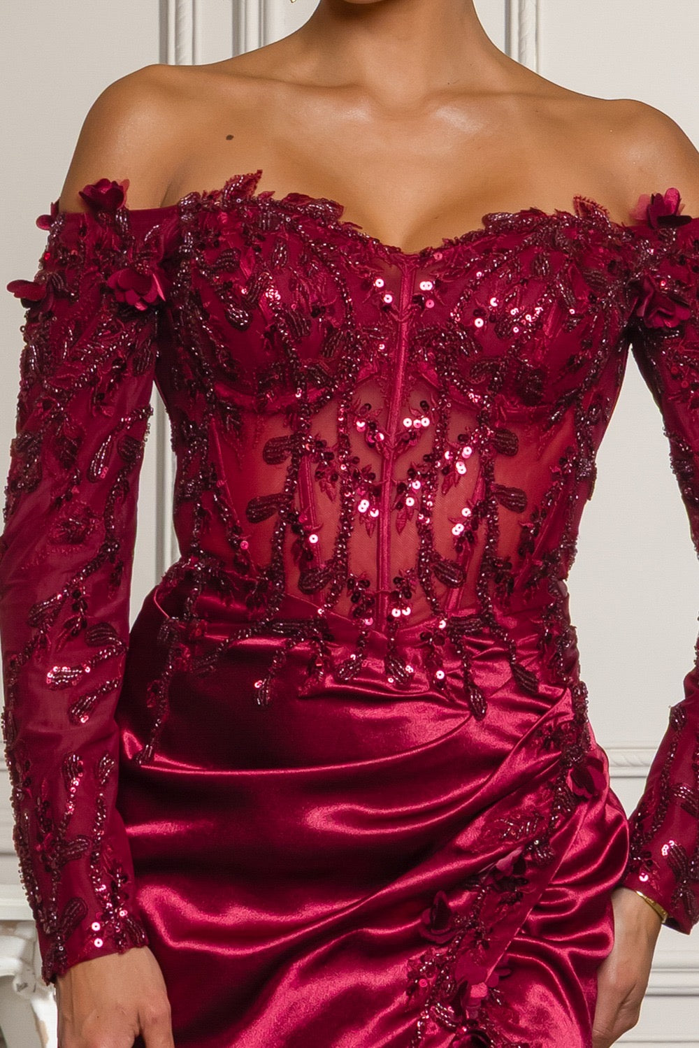Francesca Off Shoulder Embroidered Embellished Sequins Glam Gown