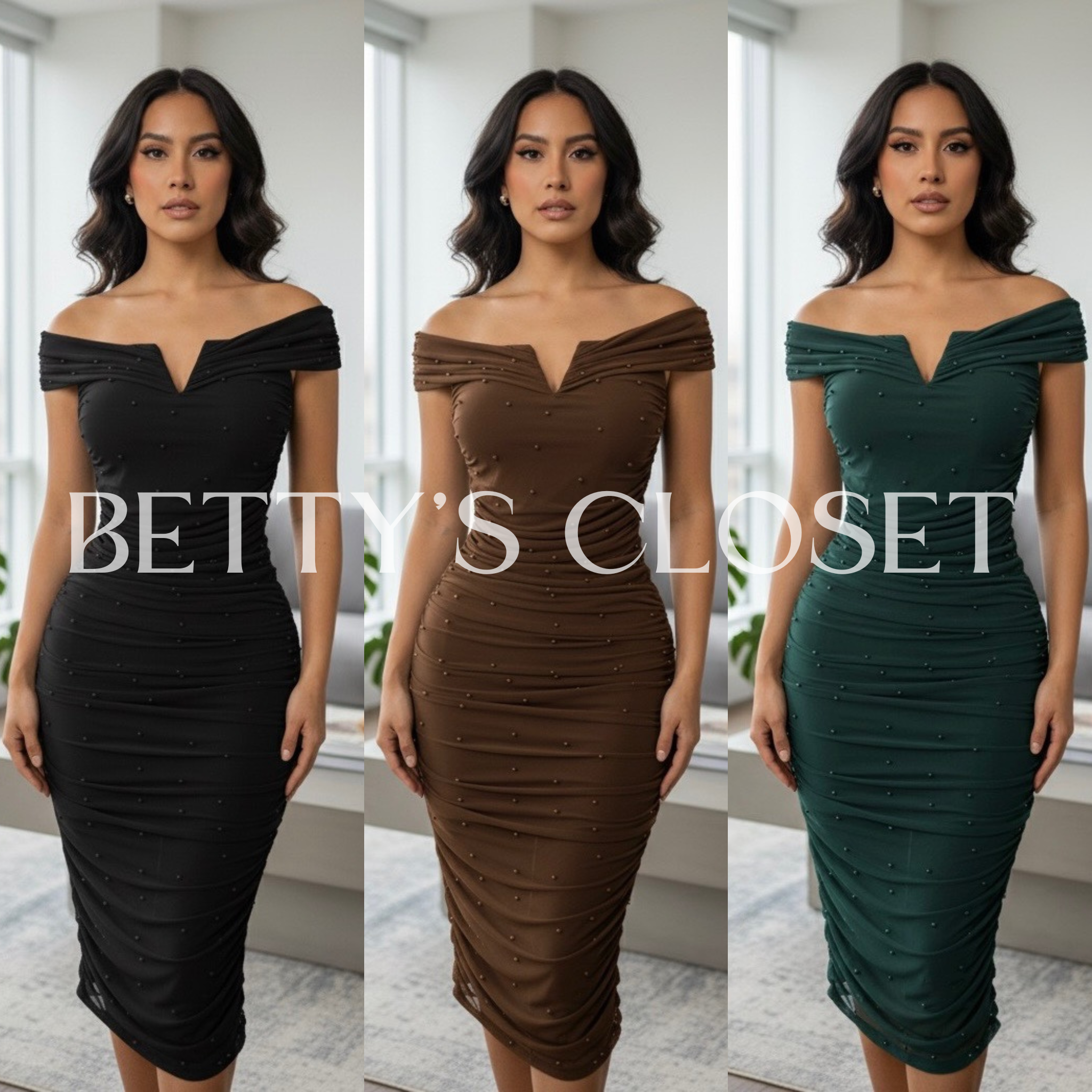 Susana Pearl Beaded Off Shoulder Ruched Dress