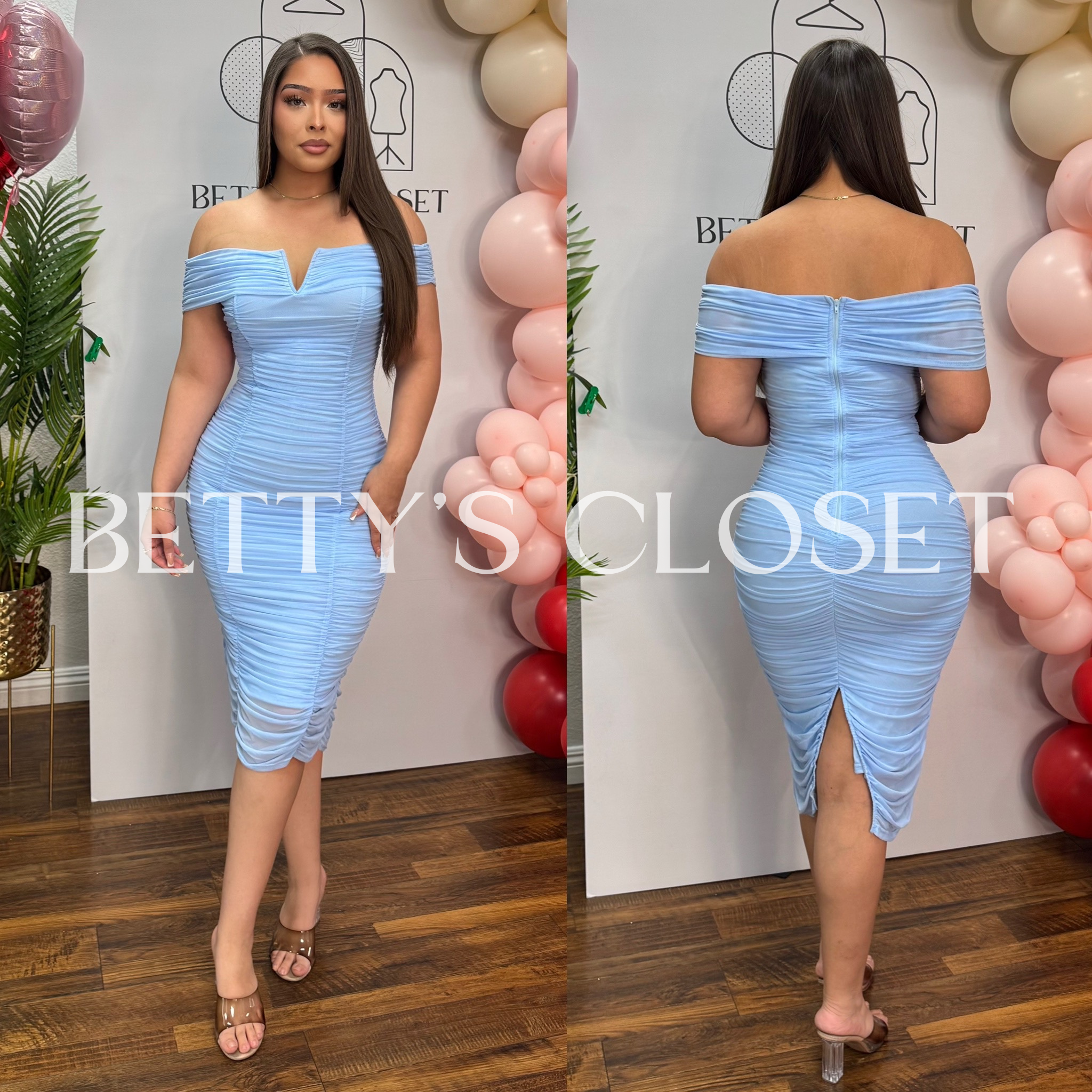 Sarahi Mesh Off Shoulder Ruched Midi Dress