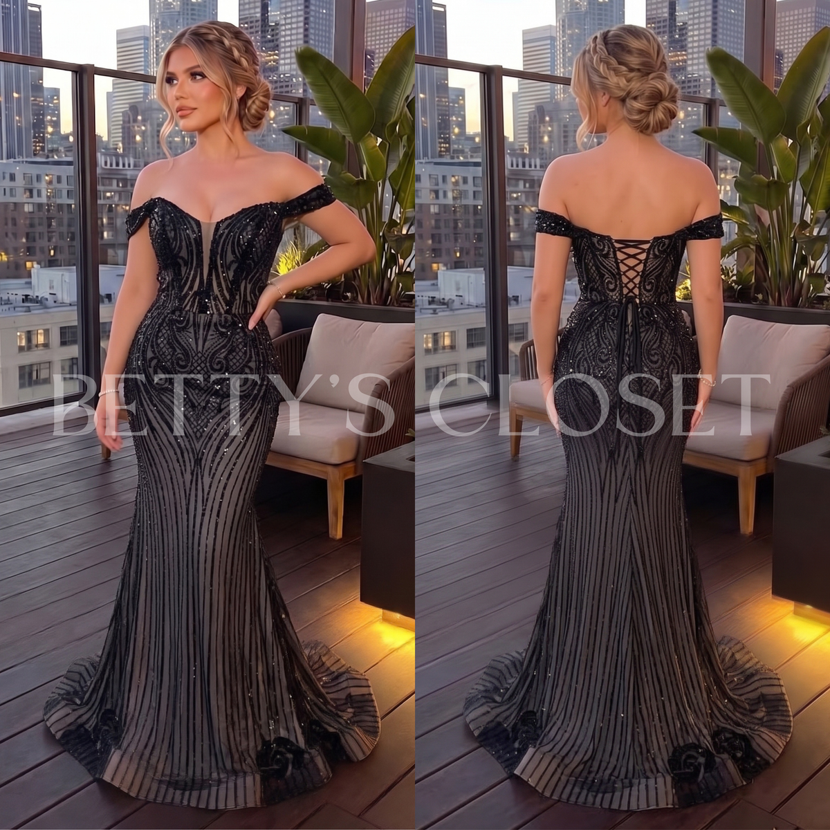 Brianna Off Shoulder Glitter Beaded Embellished Gown W/ Lace up Back