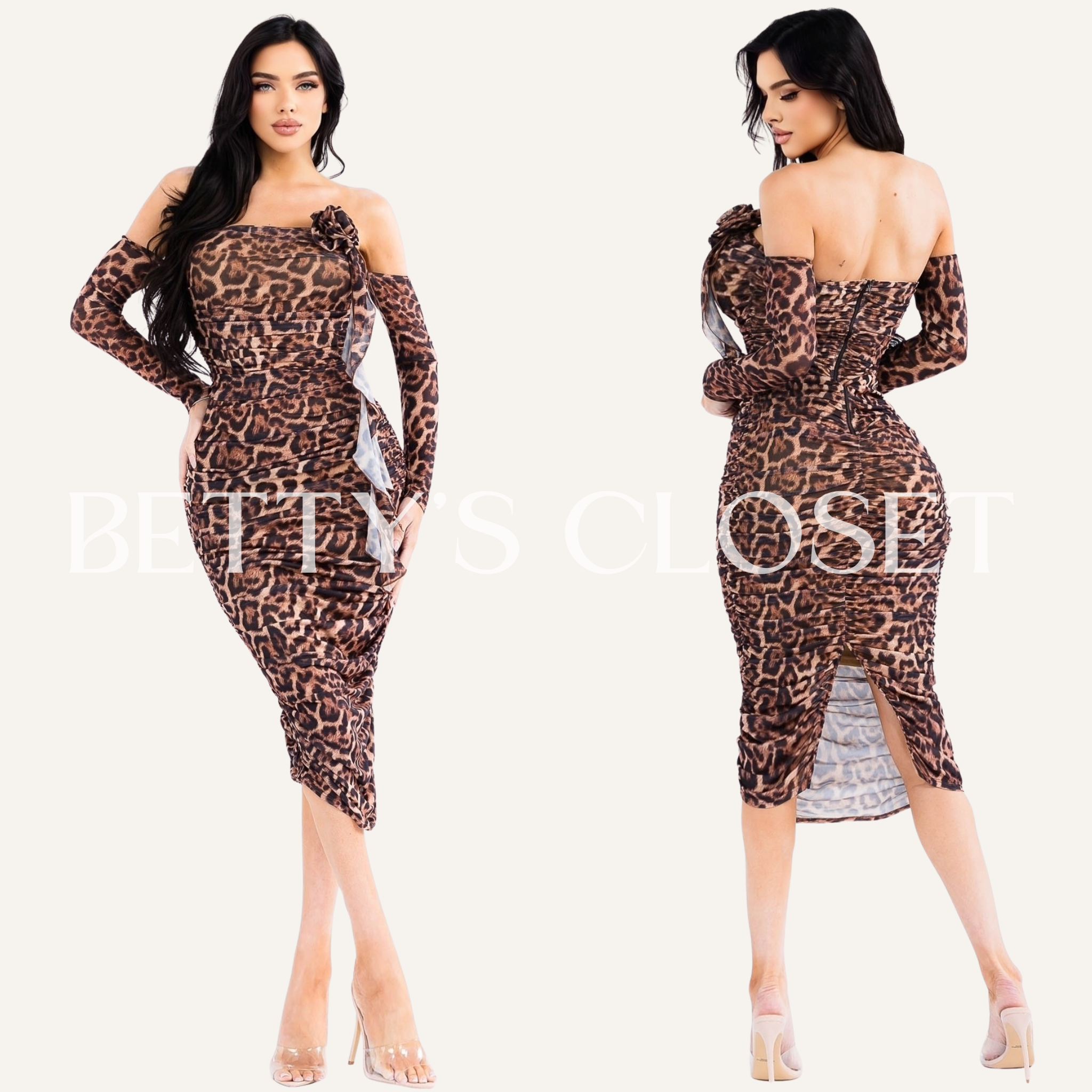 Safari Off Shoulder Long Sleeve Mesh Ruched Midi Dress w/ 3D Flower