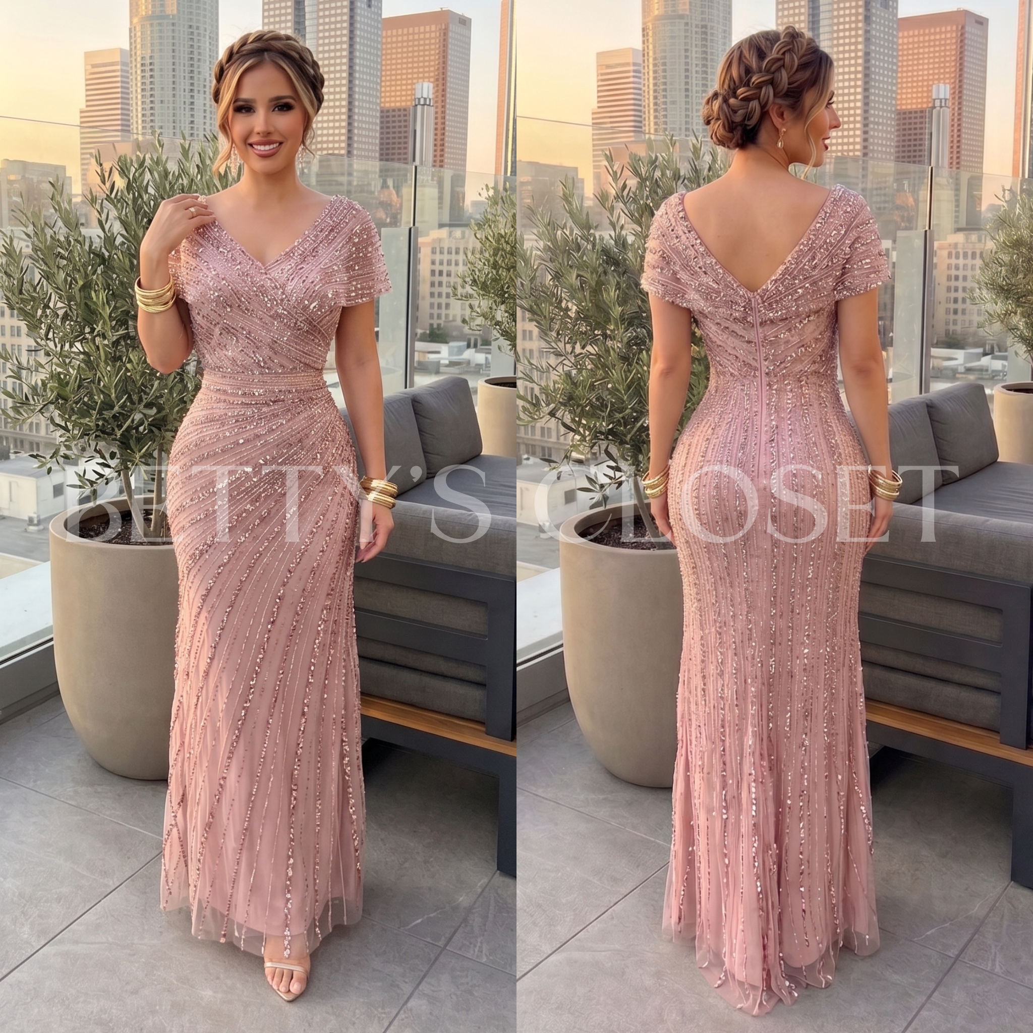 Alison Beaded Embellished Gown W/ Zipper Back